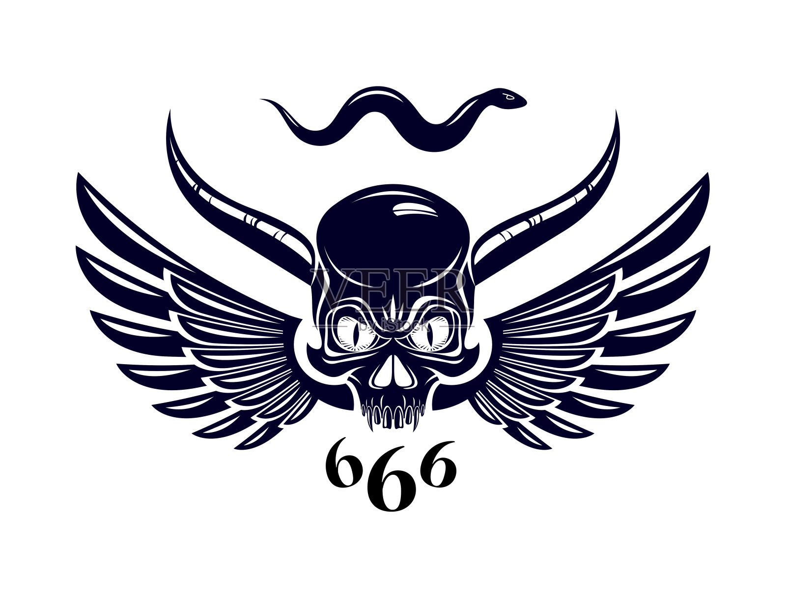 魔鬼标志有角的头骨矢量插图经典风格的纹身，死亡的scull与动物的角翅膀和蛇。插画图片素材