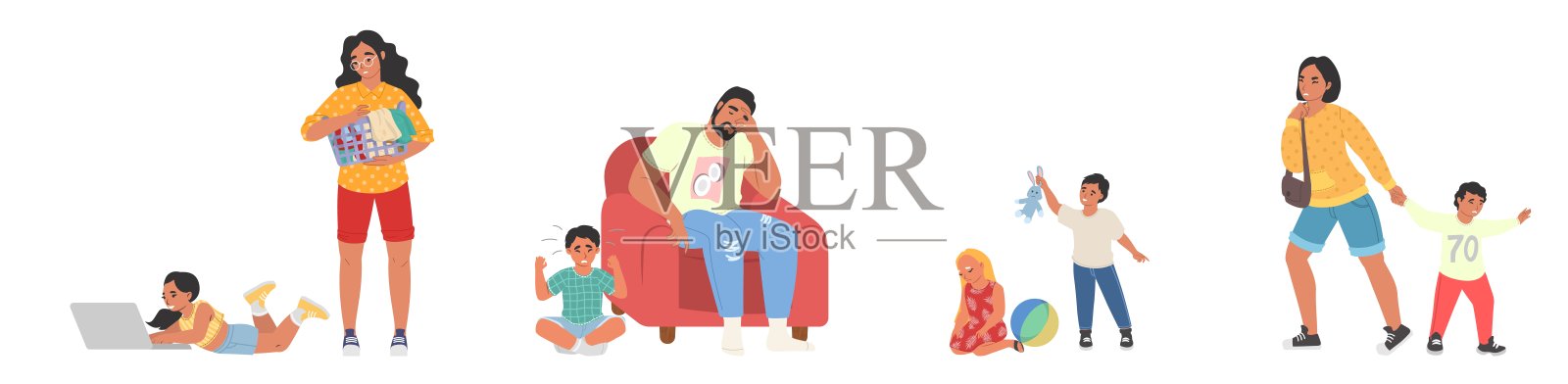 疲惫的父母和任性淘气的孩子插画图片素材