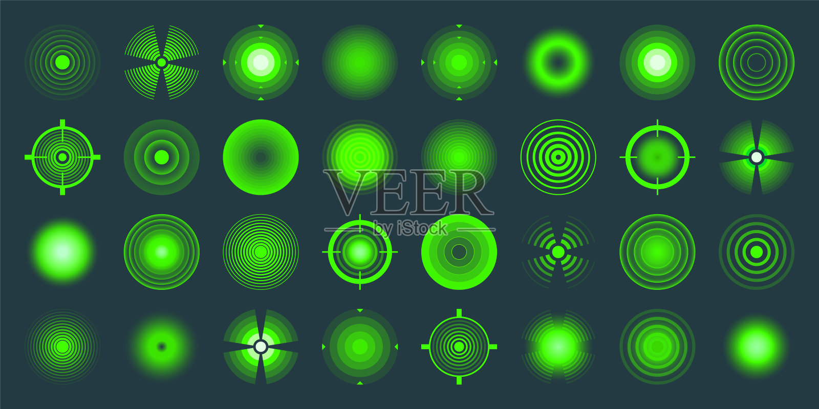 热，夜视范围。准星，瞄准矢图标。靶心，目标或瞄准标志。军用步枪瞄准镜，射击标志。瞄准，瞄准射击。绿色的雷达波，圆圈插画图片素材