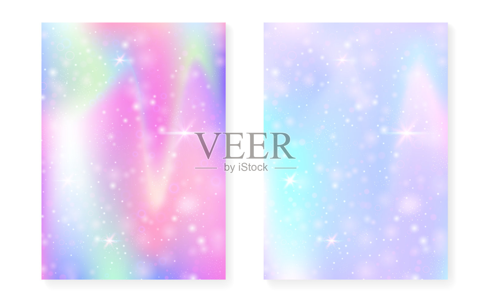 彩虹背景与卡哇伊公主梯度。神奇的独角兽全息图。插画图片素材