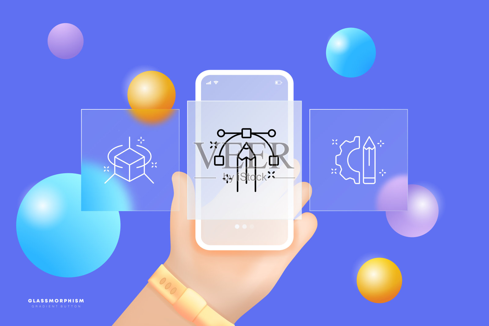 应用程序开发集图标。三维物体建模，调整点，调整，齿轮，铅笔，观看角度，全景。Glassmorphism。UI手机应用程序屏幕。矢量线图标的业务插画图片素材