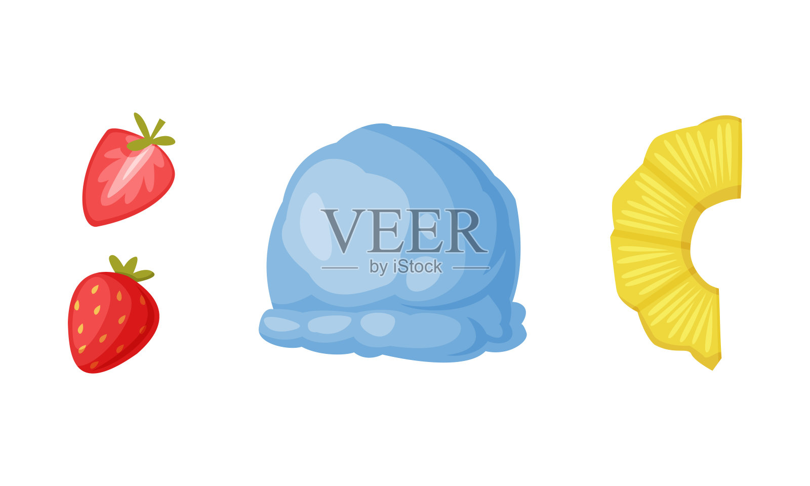 蓝色奶油球和草莓与菠萝作为冰淇淋顶部向量集插画图片素材