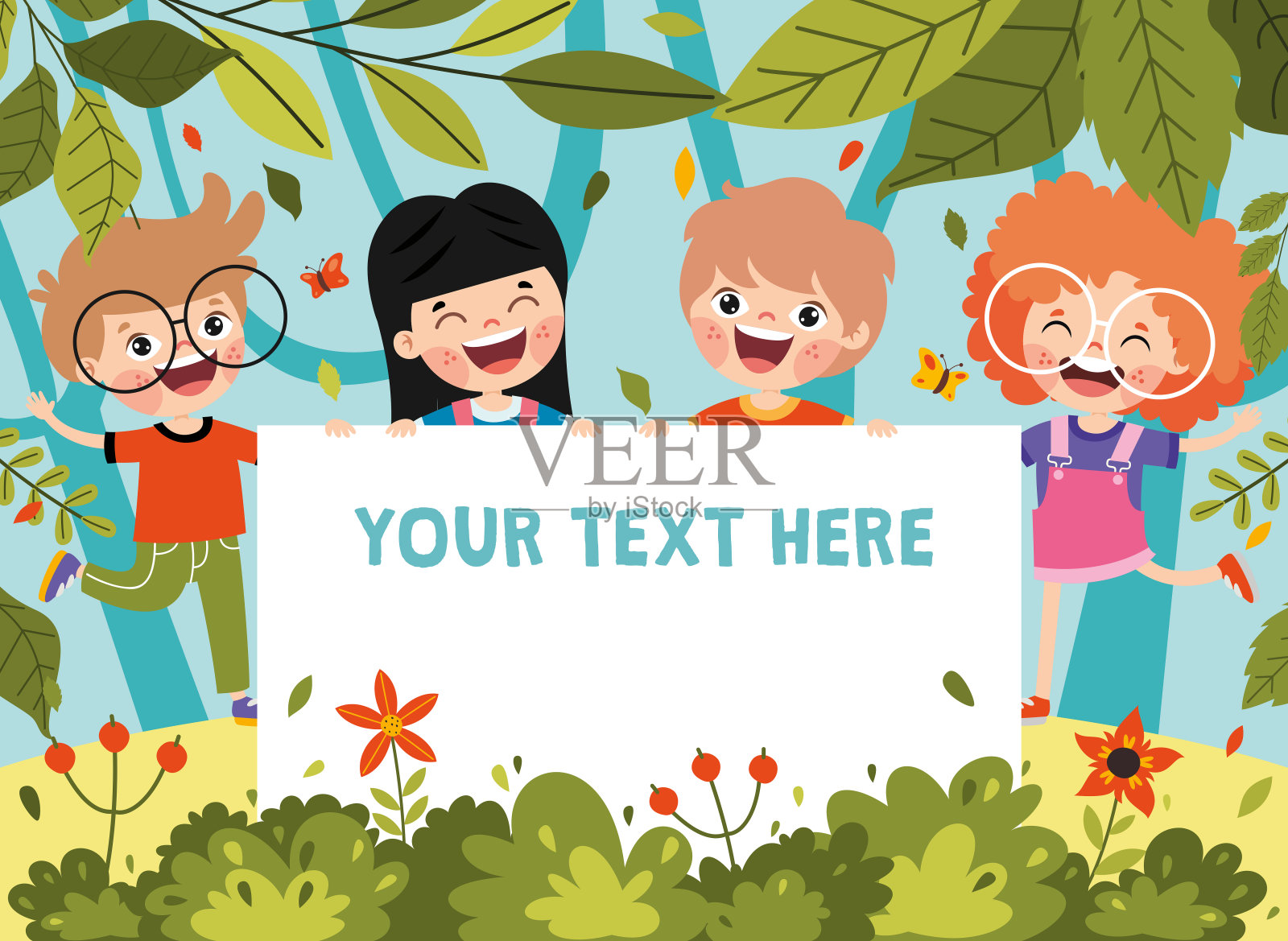 孩子和班纳在森林设计模板素材