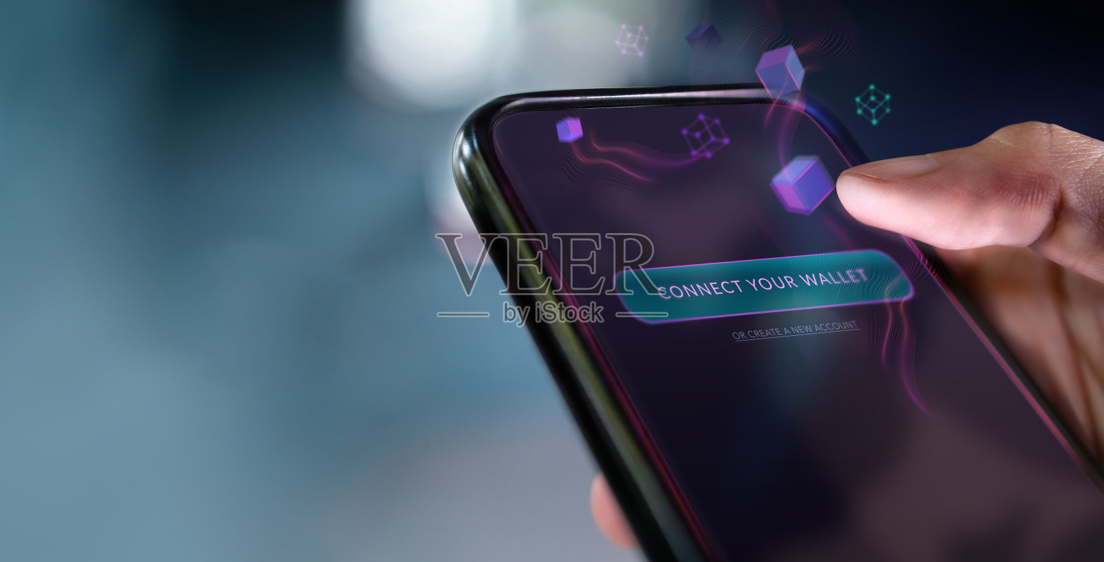 Web3技术概念。手用手机连接数字钱包。智能，电子钱包，财经无界。特写镜头照片摄影图片