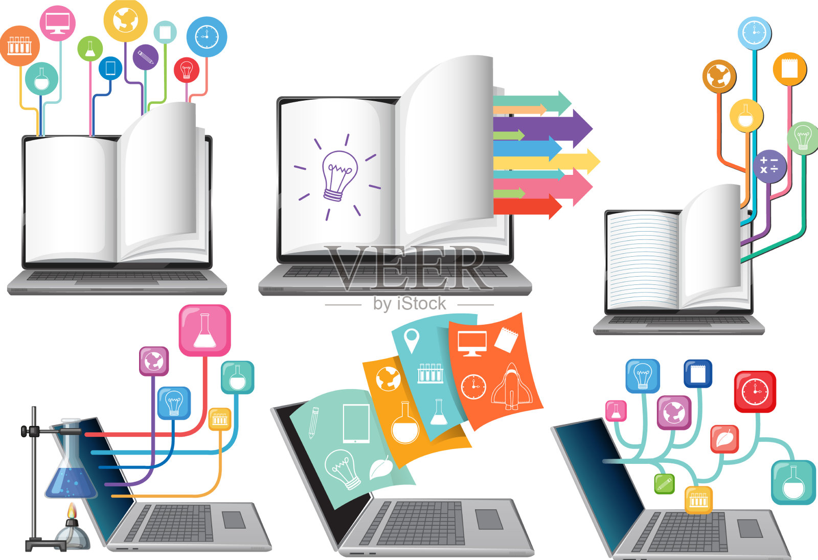 带有教育图标的书籍和笔记本电脑设计元素图片