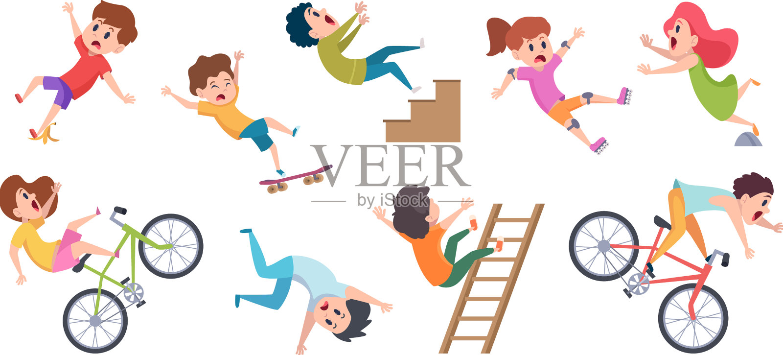 摔倒的孩子和孩子在危险的地方插画图片素材