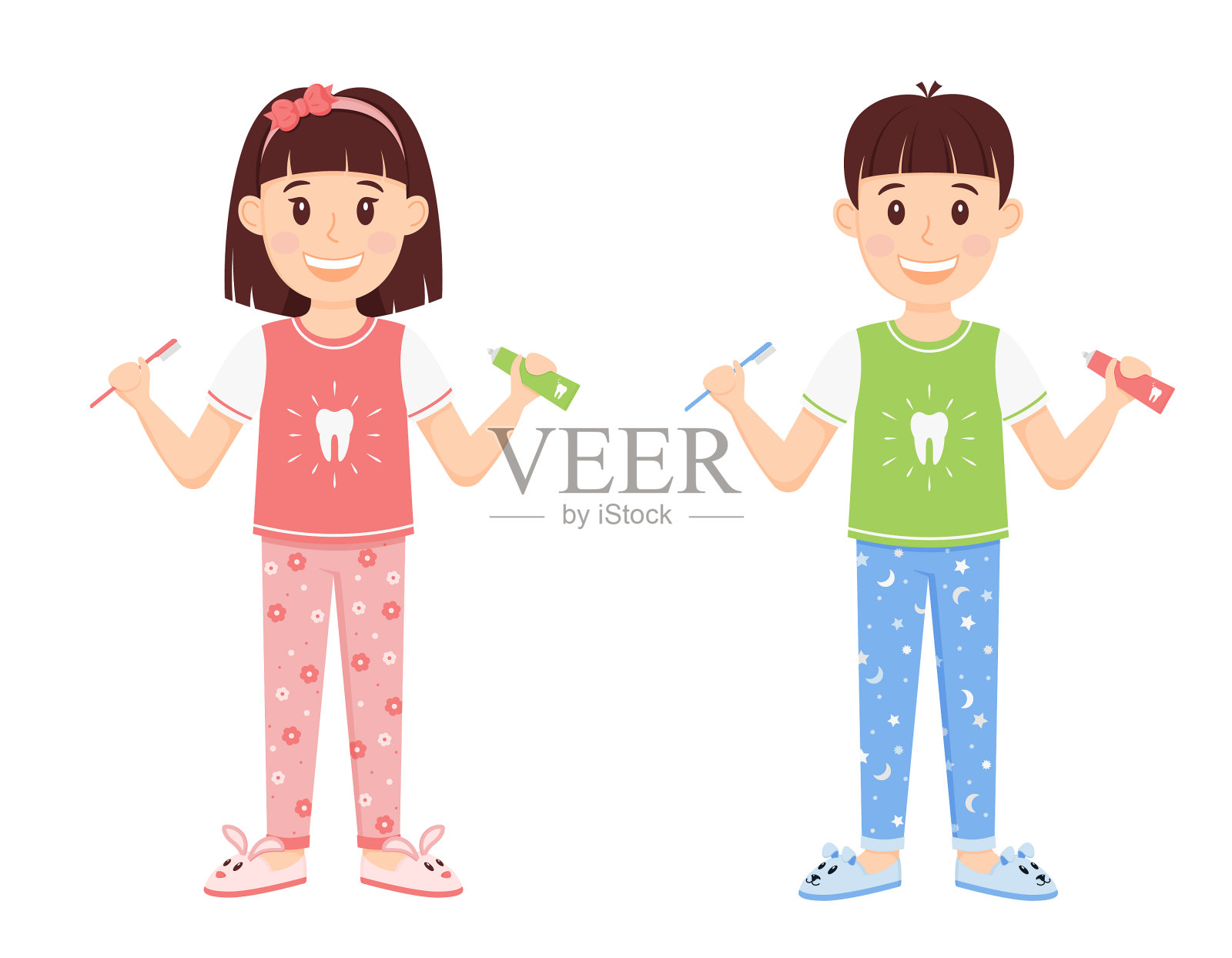 男孩和女孩穿着睡衣站着插画图片素材