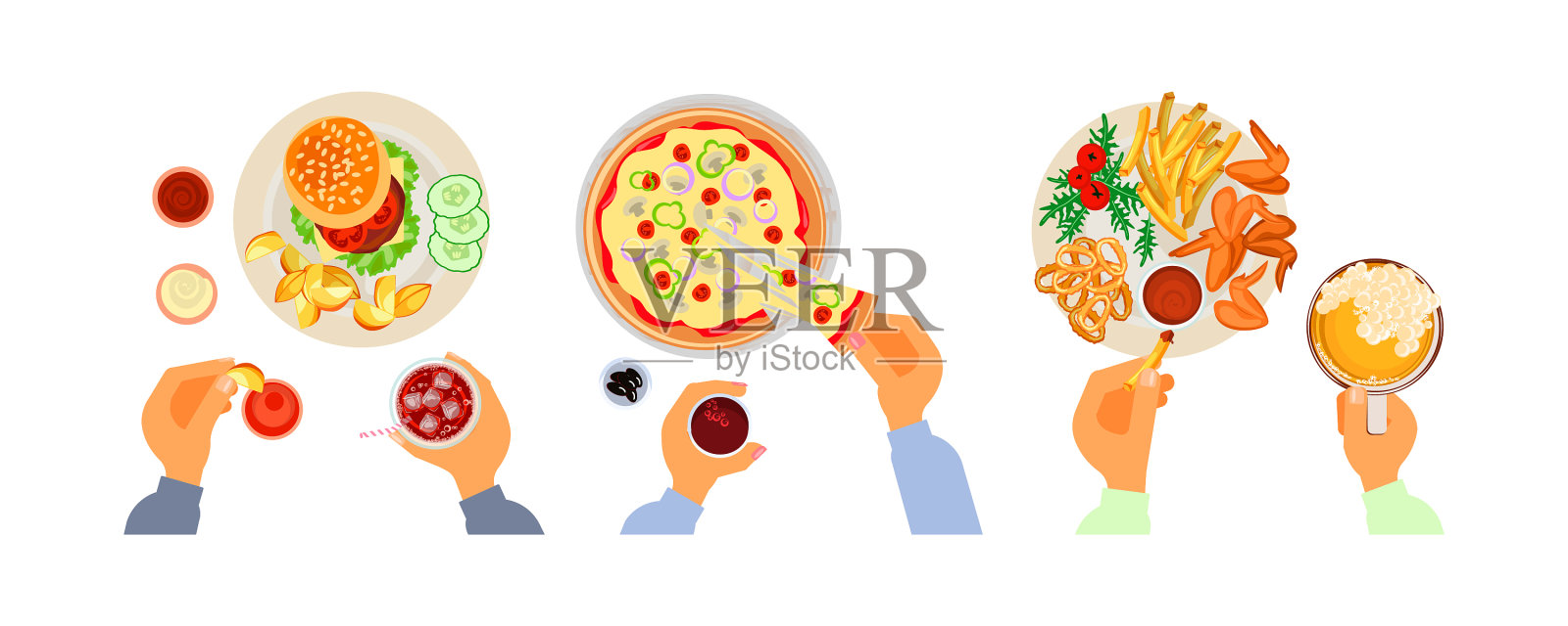 俯视不同的快餐菜肴插画图片素材