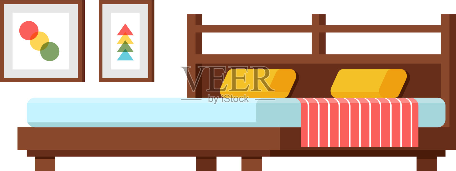 双人床在舒适的卧室与墙壁艺术设计元素图片