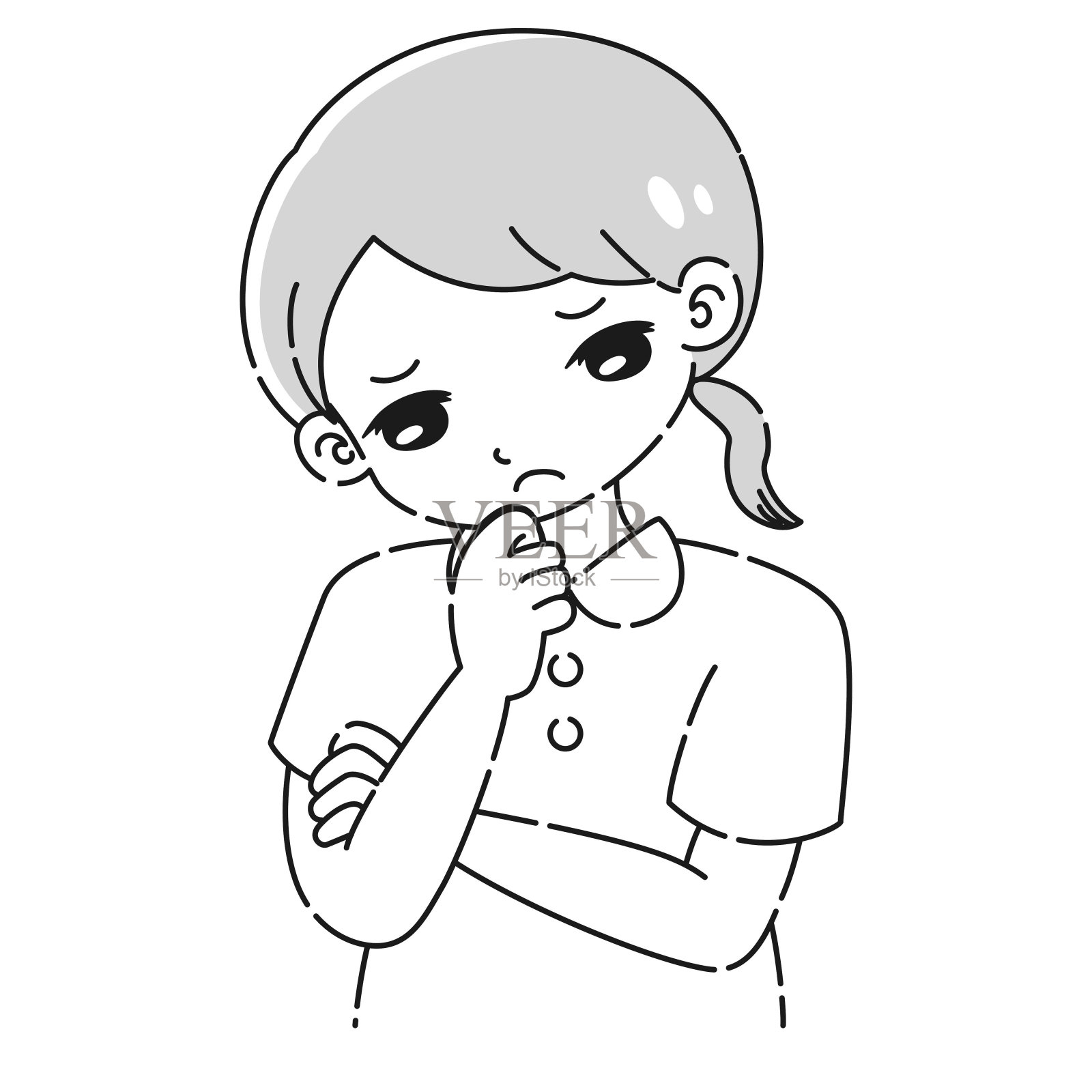 穿着白大褂的女人思考的插图(黑白)插画图片素材