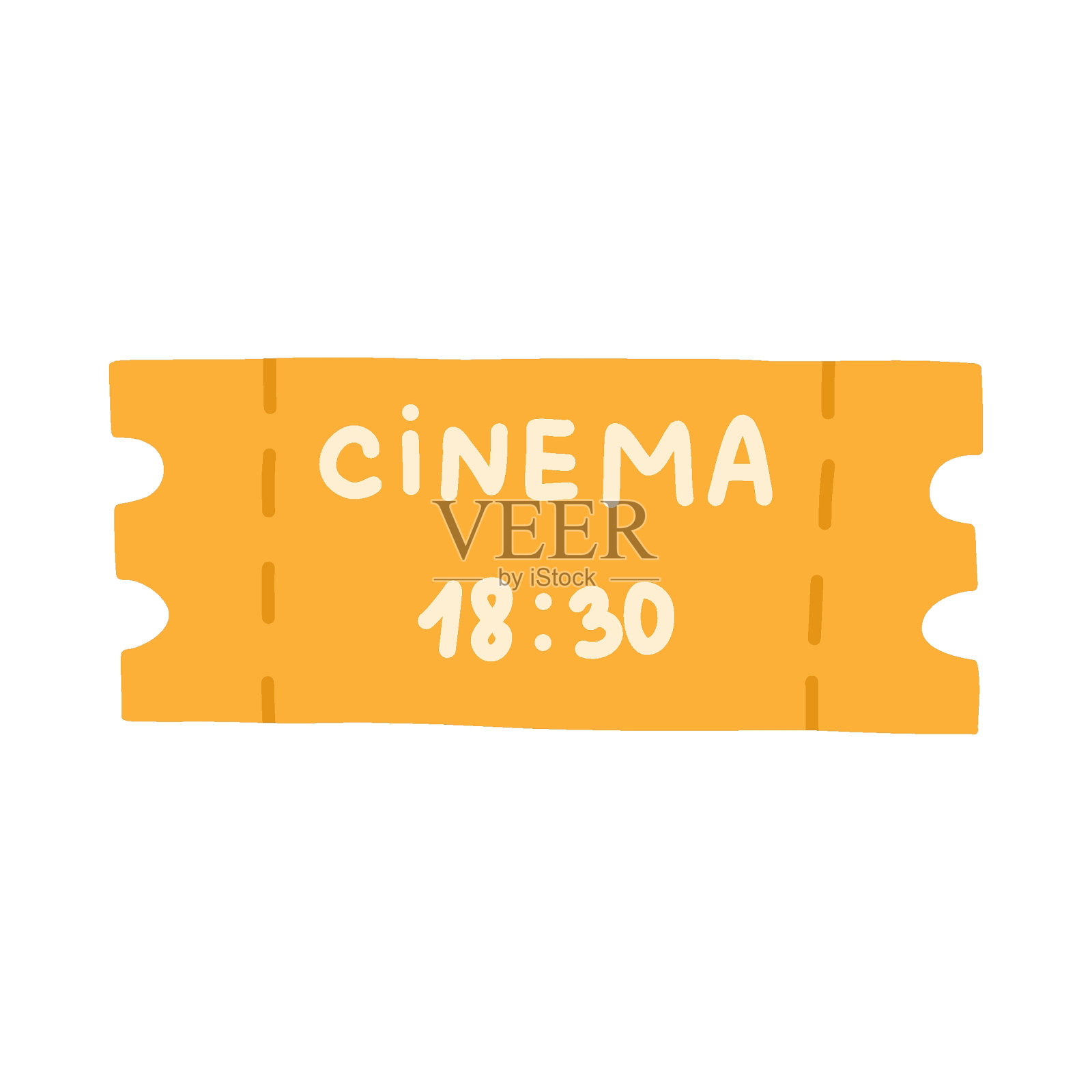 卡通风格的可爱夜场电影票。买一张娱乐票。潮流风格化的剪贴画在明亮的颜色。手绘矢量涂鸦插图孤立的背景。插画图片素材