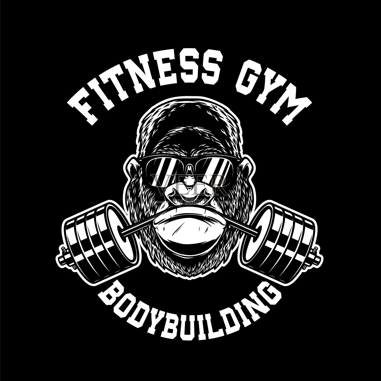 嘴部带有健身房杠铃的大猩猩设计元素插画图片素材