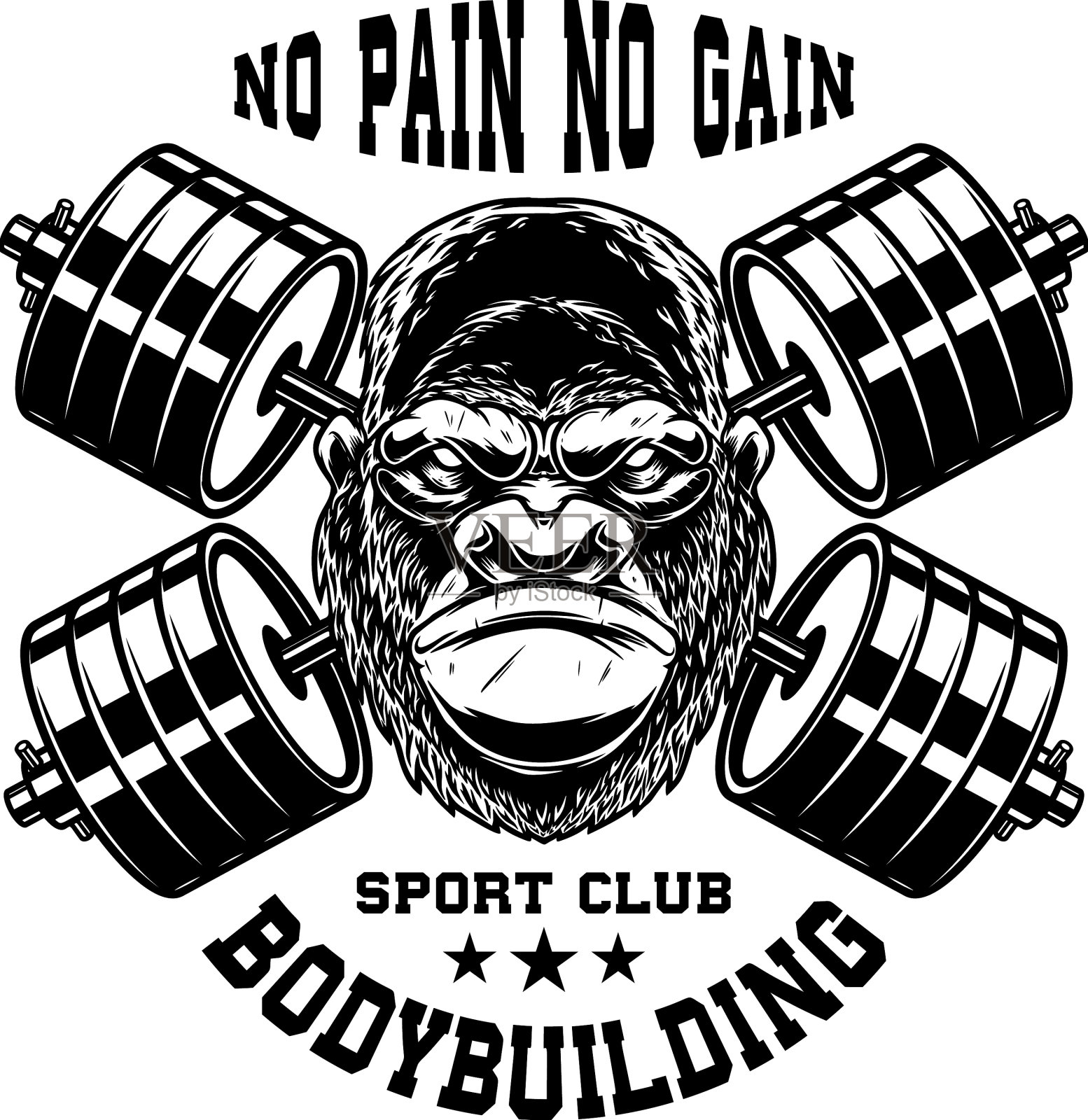 大猩猩与交叉健身房杠铃设计元素插画图片素材