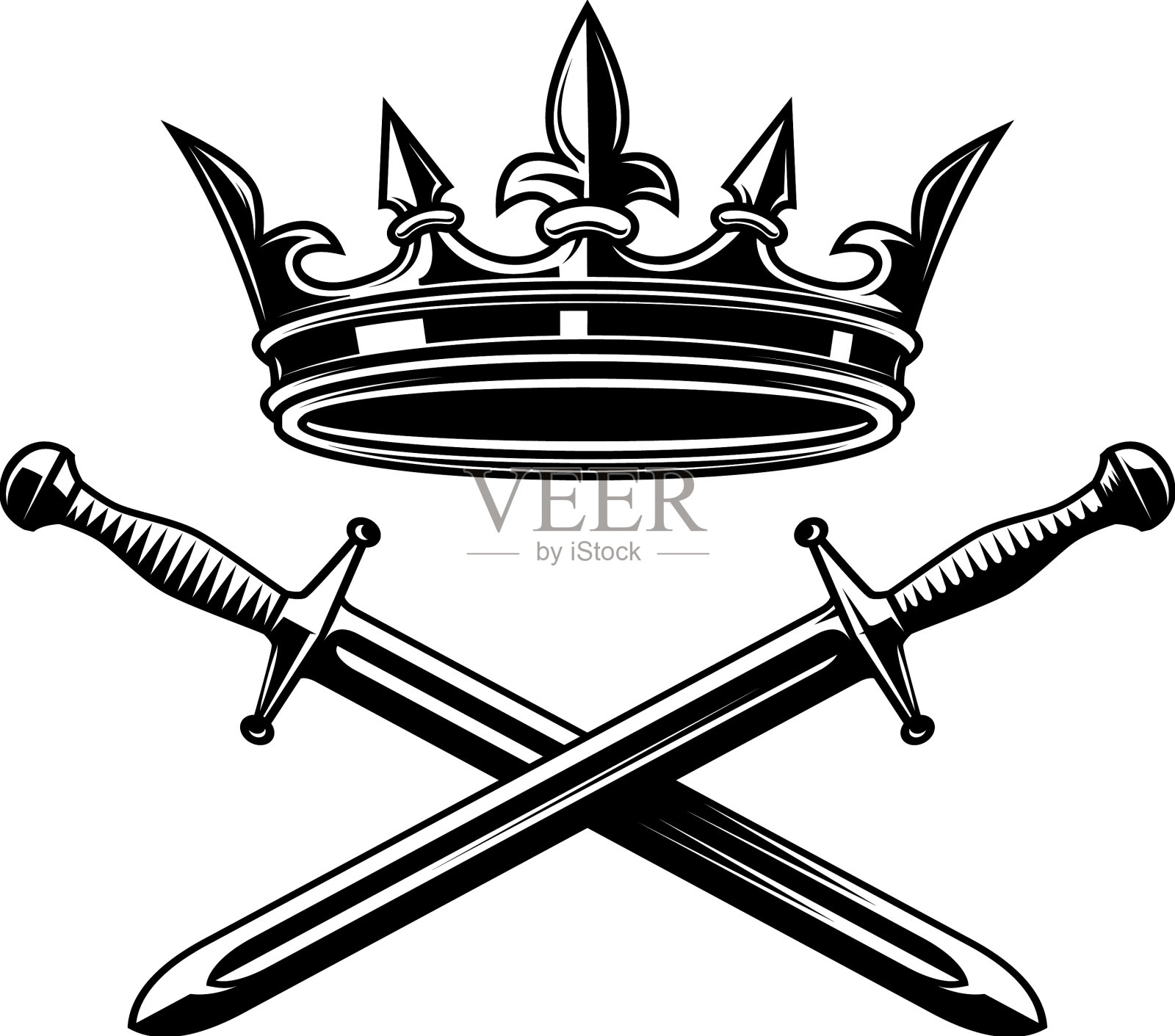 国王王冠和交叉剑单色风格设计元素图片