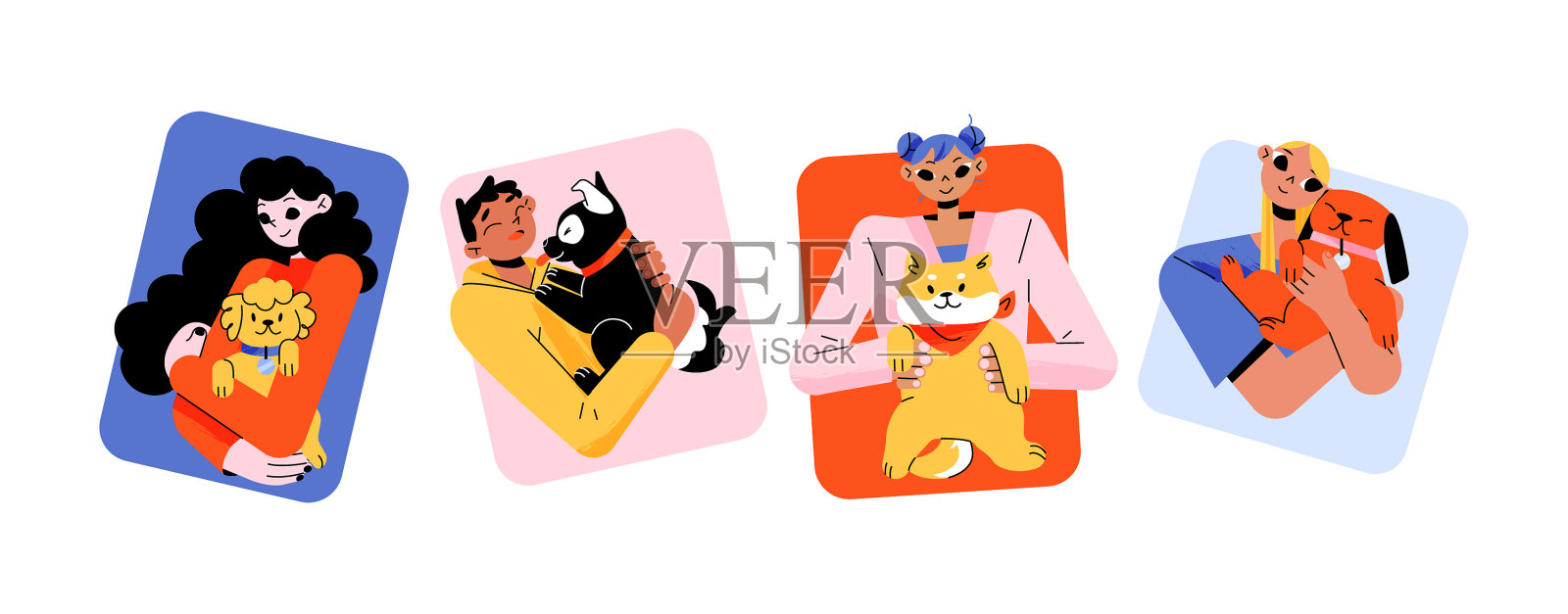 主人和宠物猫狗的肖像插画图片素材