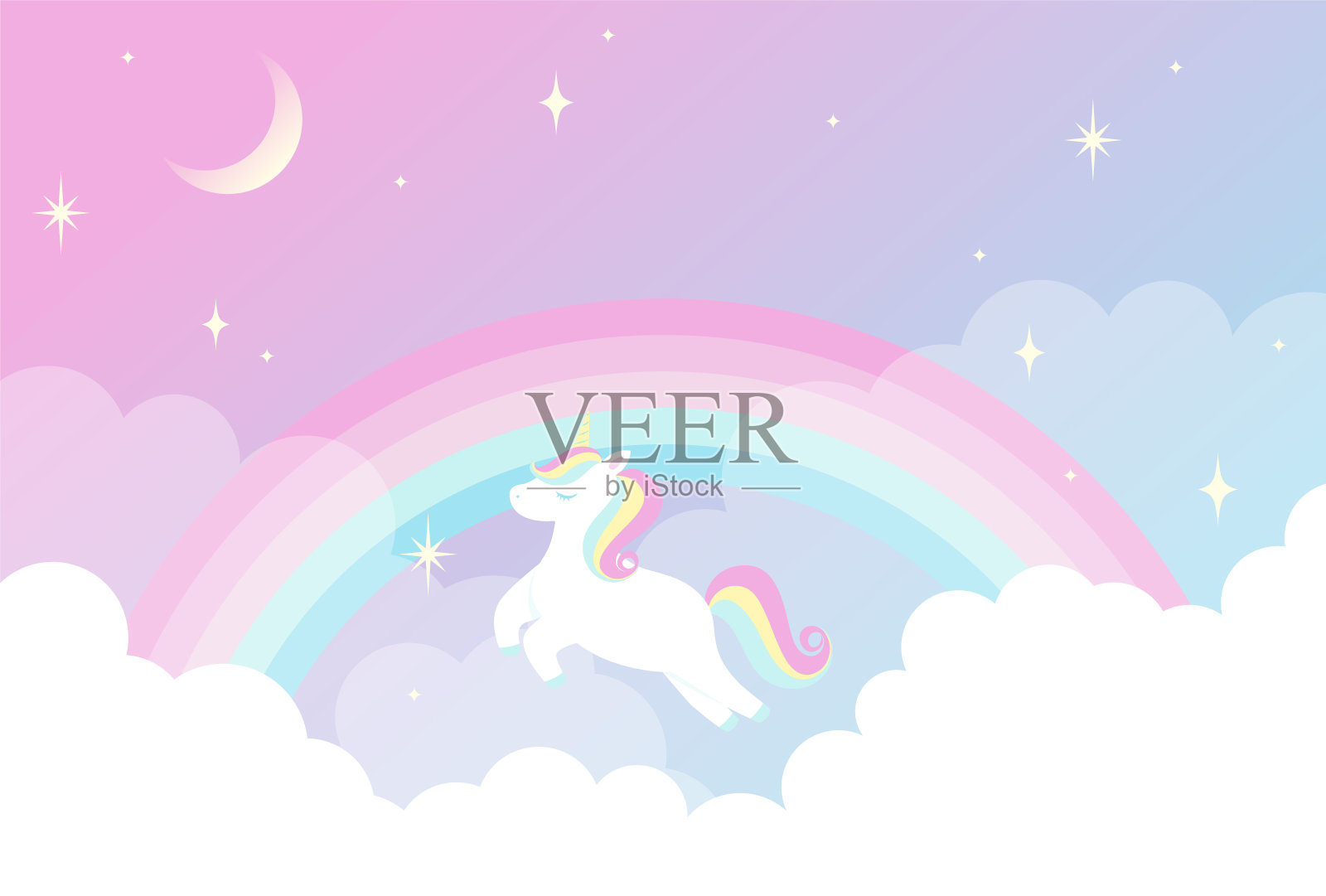 矢量背景与彩虹独角兽在多云的天空横幅，卡片，传单，社交媒体壁纸等。插画图片素材