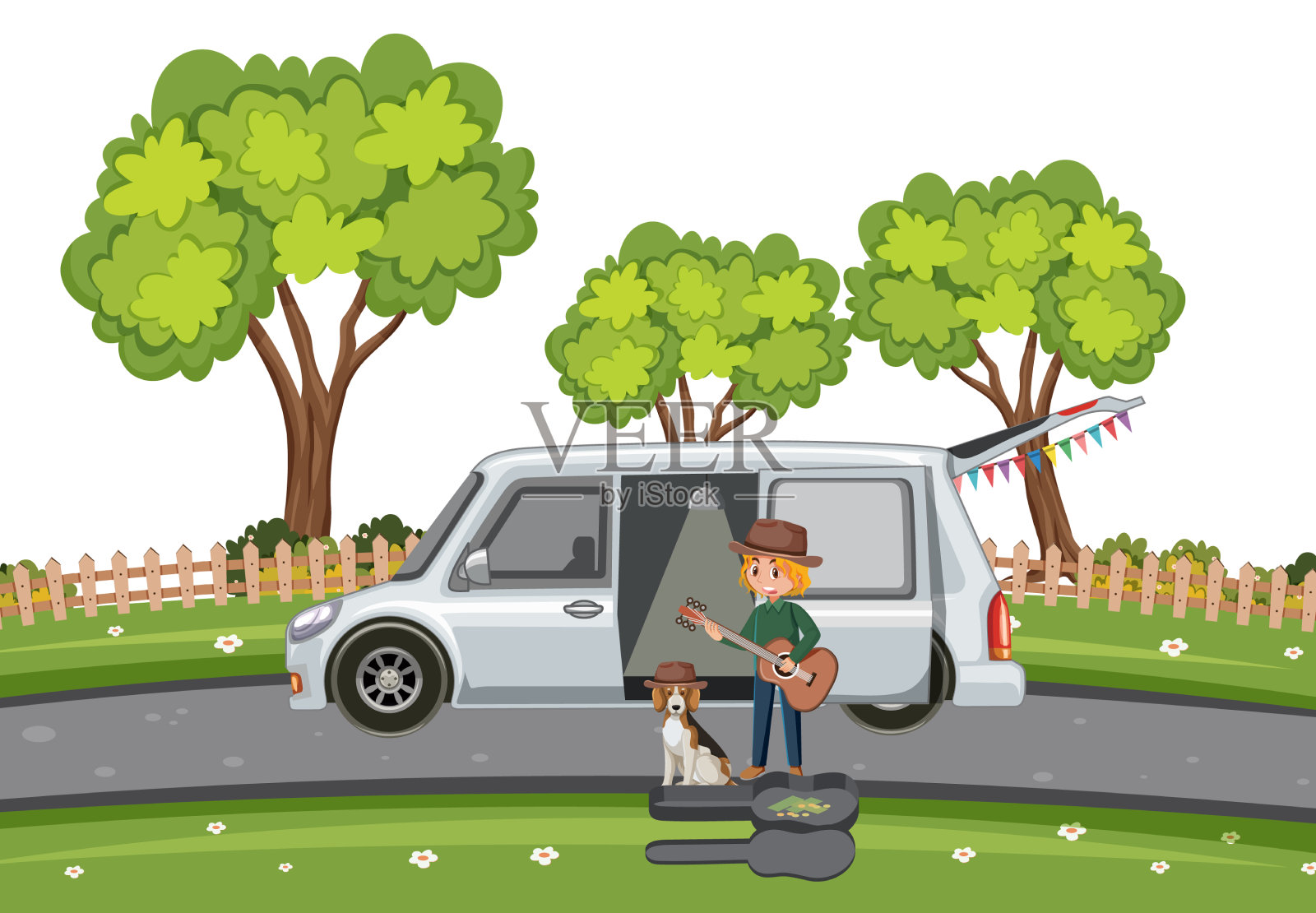 一个人在卡车旁弹吉他插画图片素材