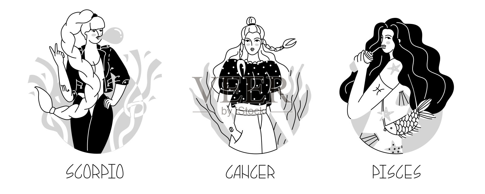 十二星座的女孩。天蝎座,癌症,双鱼座。水的元素。占星术。时尚女性。可爱的现代女孩形象大胆。平面风格的矢量插图。插画图片素材