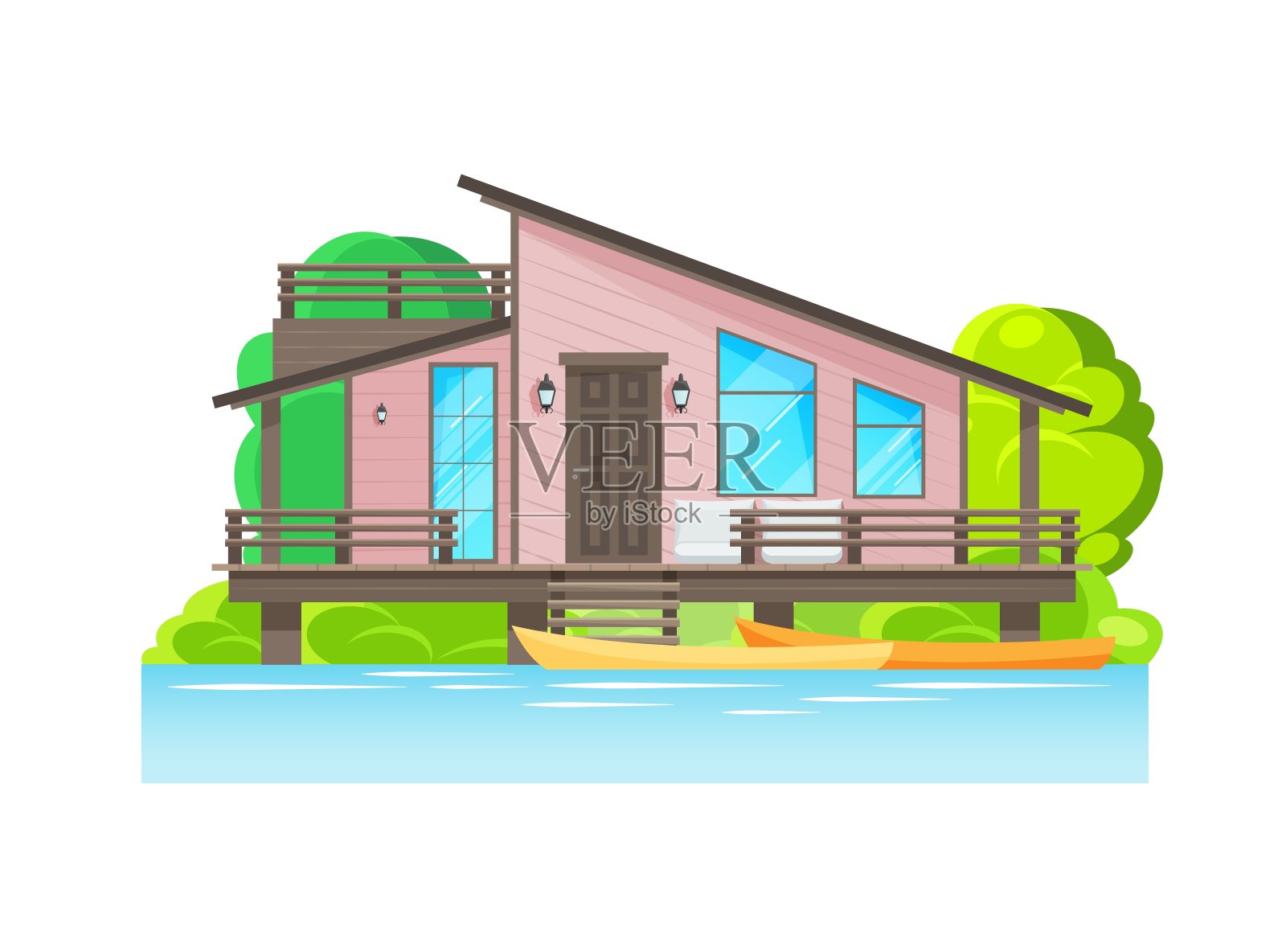 带有露台和停泊船的现代住宅外观设计元素图片