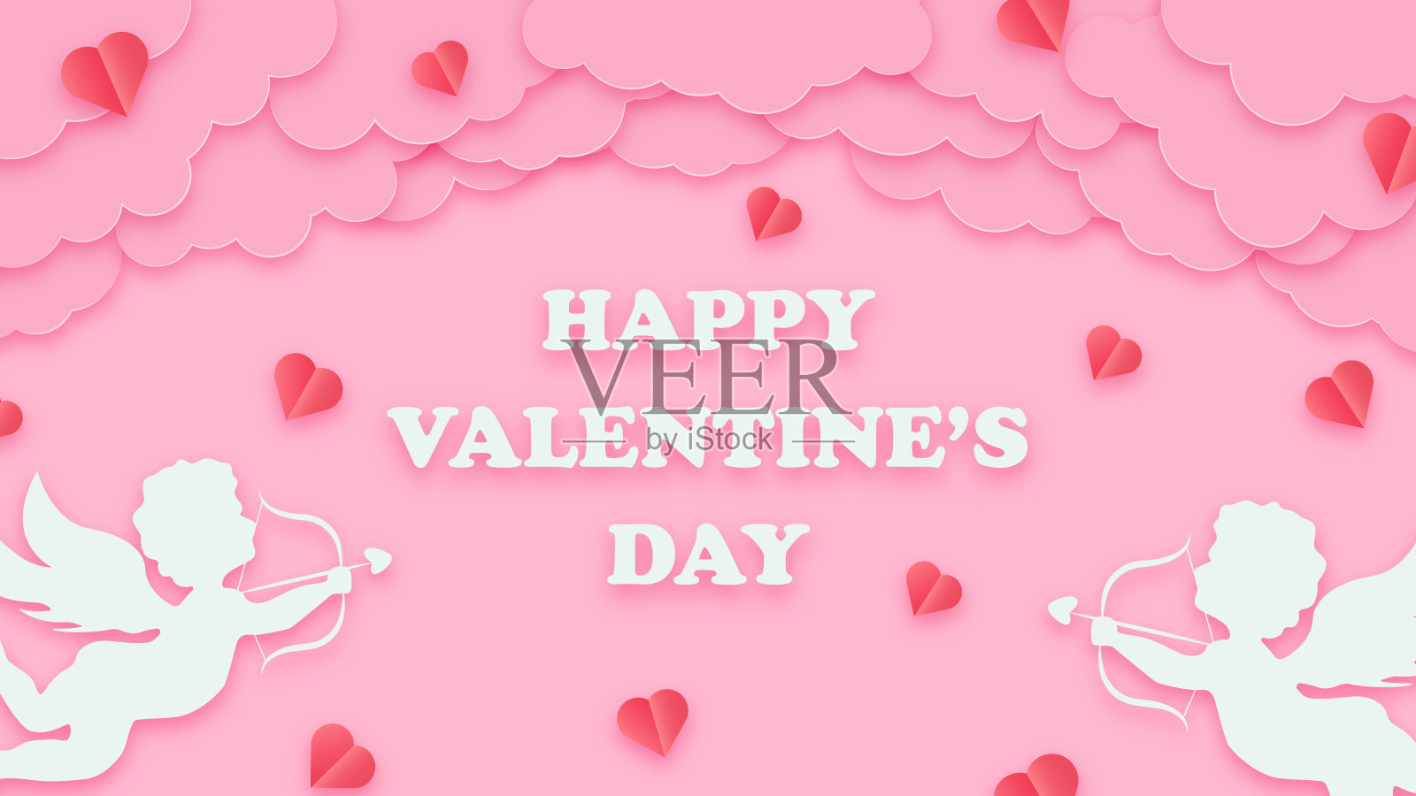 快乐的情人节祝福背景剪纸风格。节日粉红色的横幅，纸云，丘比特和心。横向海报，贺卡传单。文本的地方设计模板素材