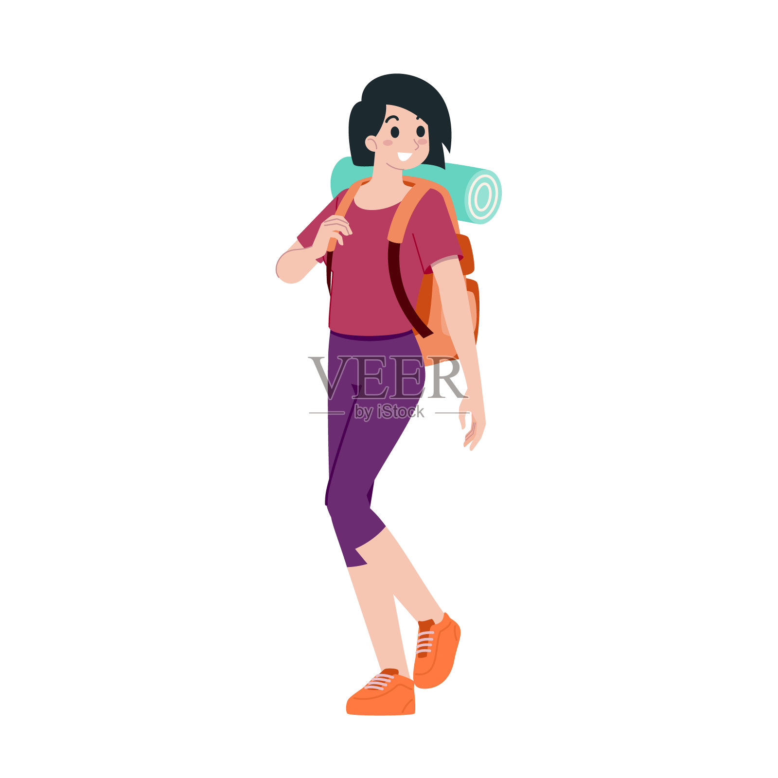 年轻快乐的女子旅游平卡通人物。旅行的人在暑假旅行，孤立在白色的背景。插画图片素材