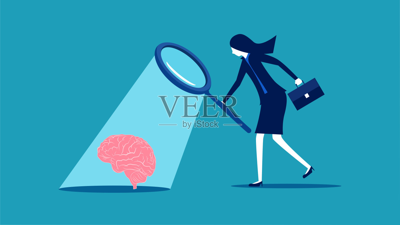 分析大脑。女商人用放大镜观察人脑插画图片素材