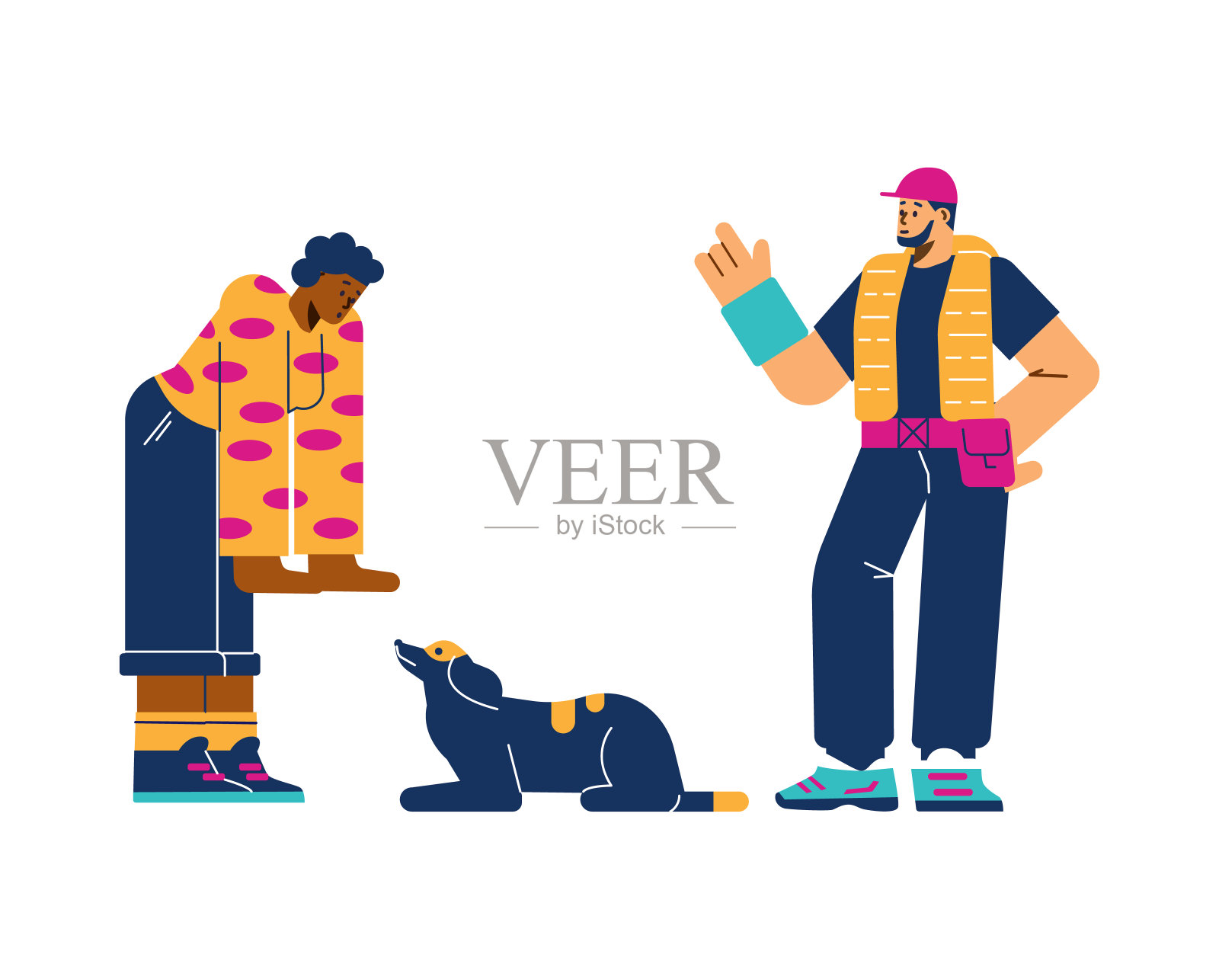 在专业训狗师的帮助下，狗学会执行命令坐，平面矢量图孤立在白色上。插画图片素材