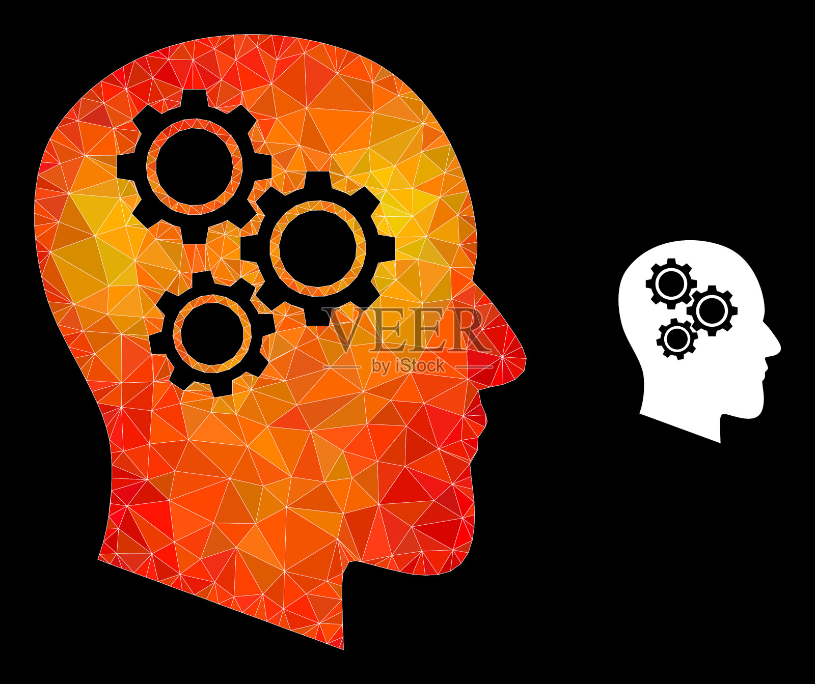 三角形充满了火焰的大脑齿轮图标插画图片素材