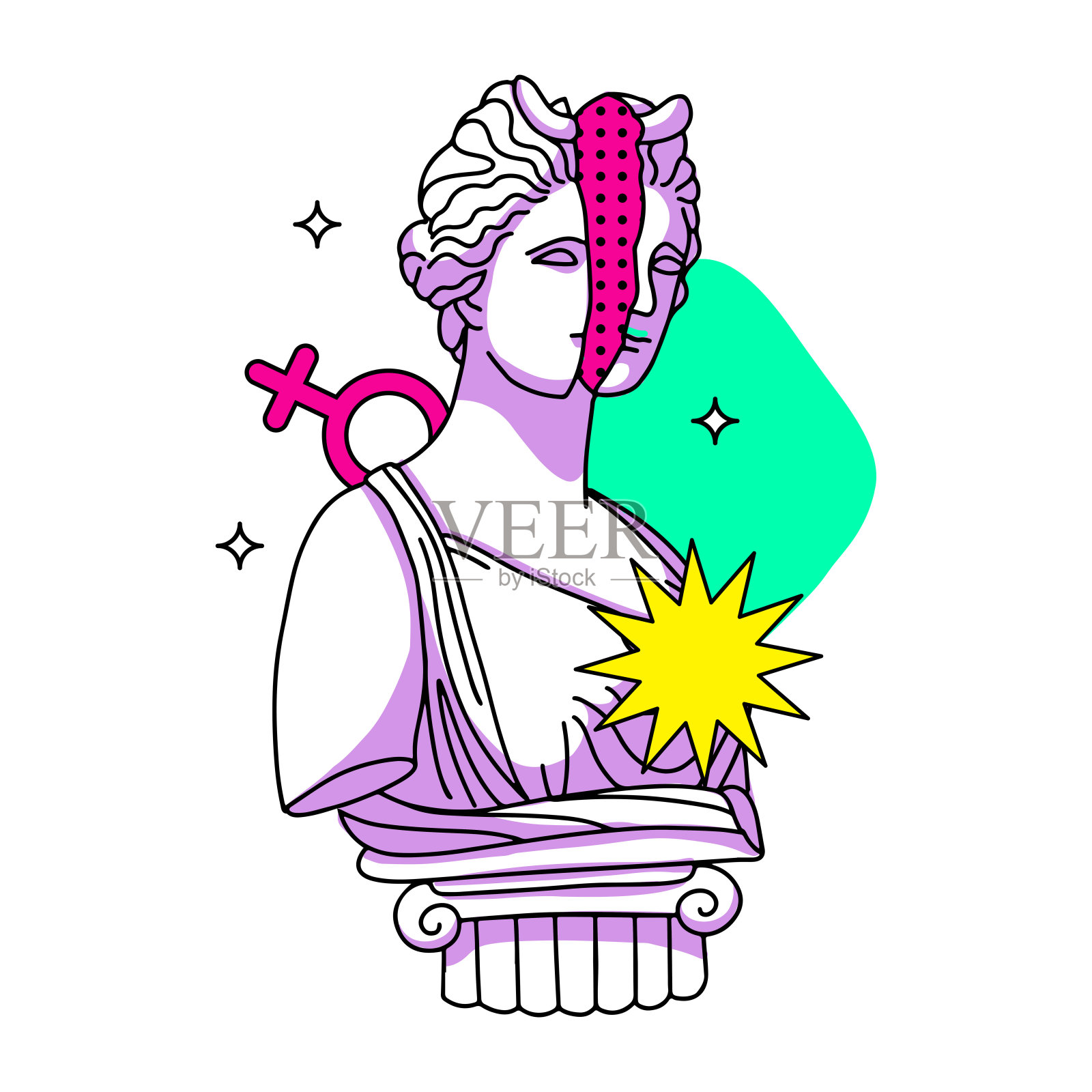 脸上有裂缝的希腊迷幻女性半身像。卡通矢量插图在迷幻的千年虫旅行风格。插画图片素材