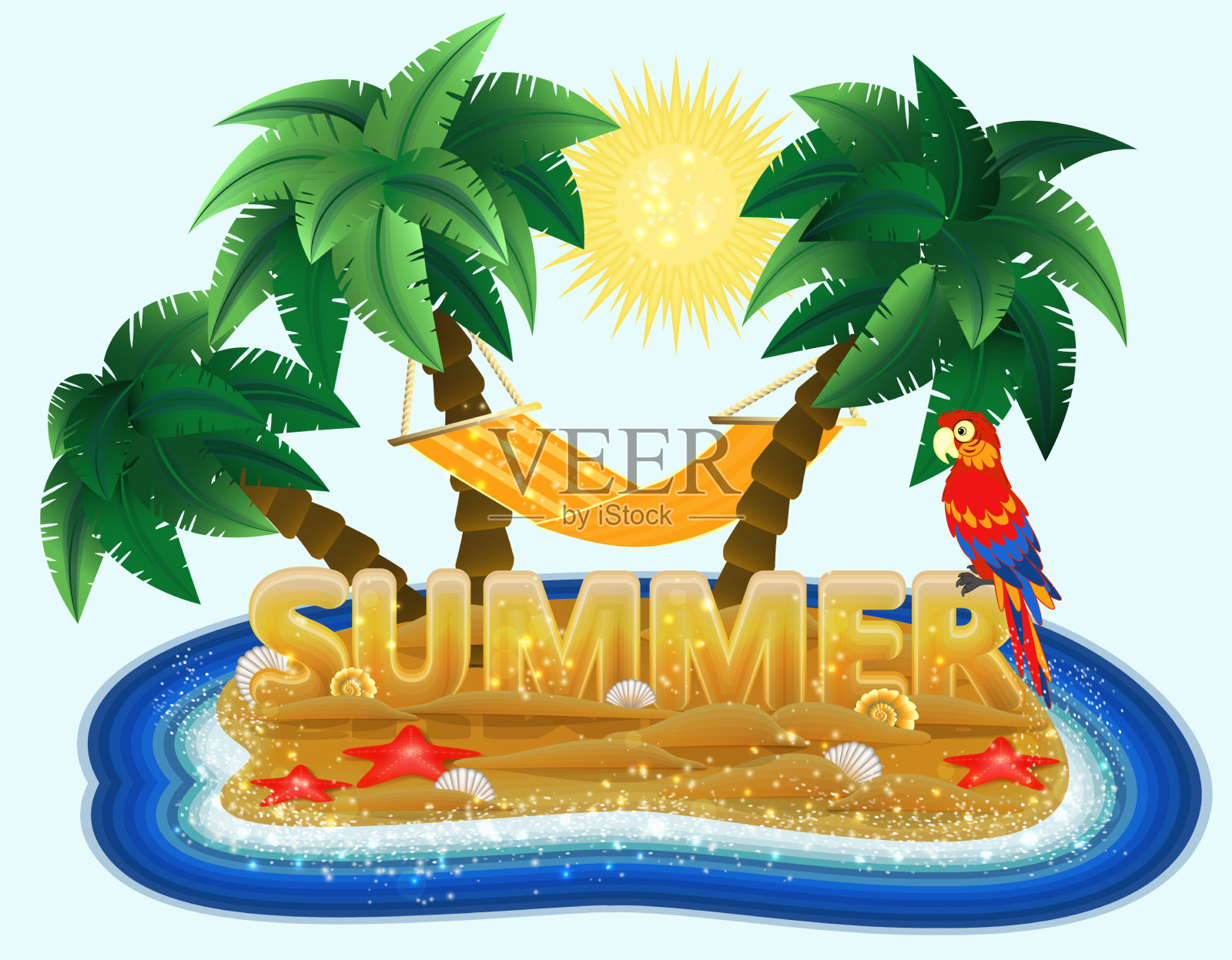 夏季时间卡与热带岛屿金刚鹦鹉插画图片素材