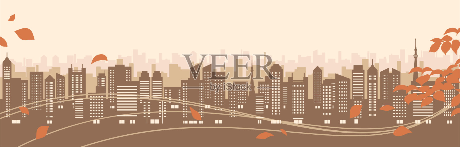 秋色城市景观图(剪影)插画图片素材