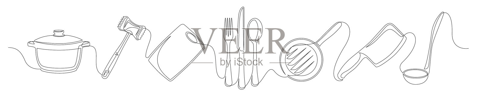 一组连续的单线画的厨房设计元素图片