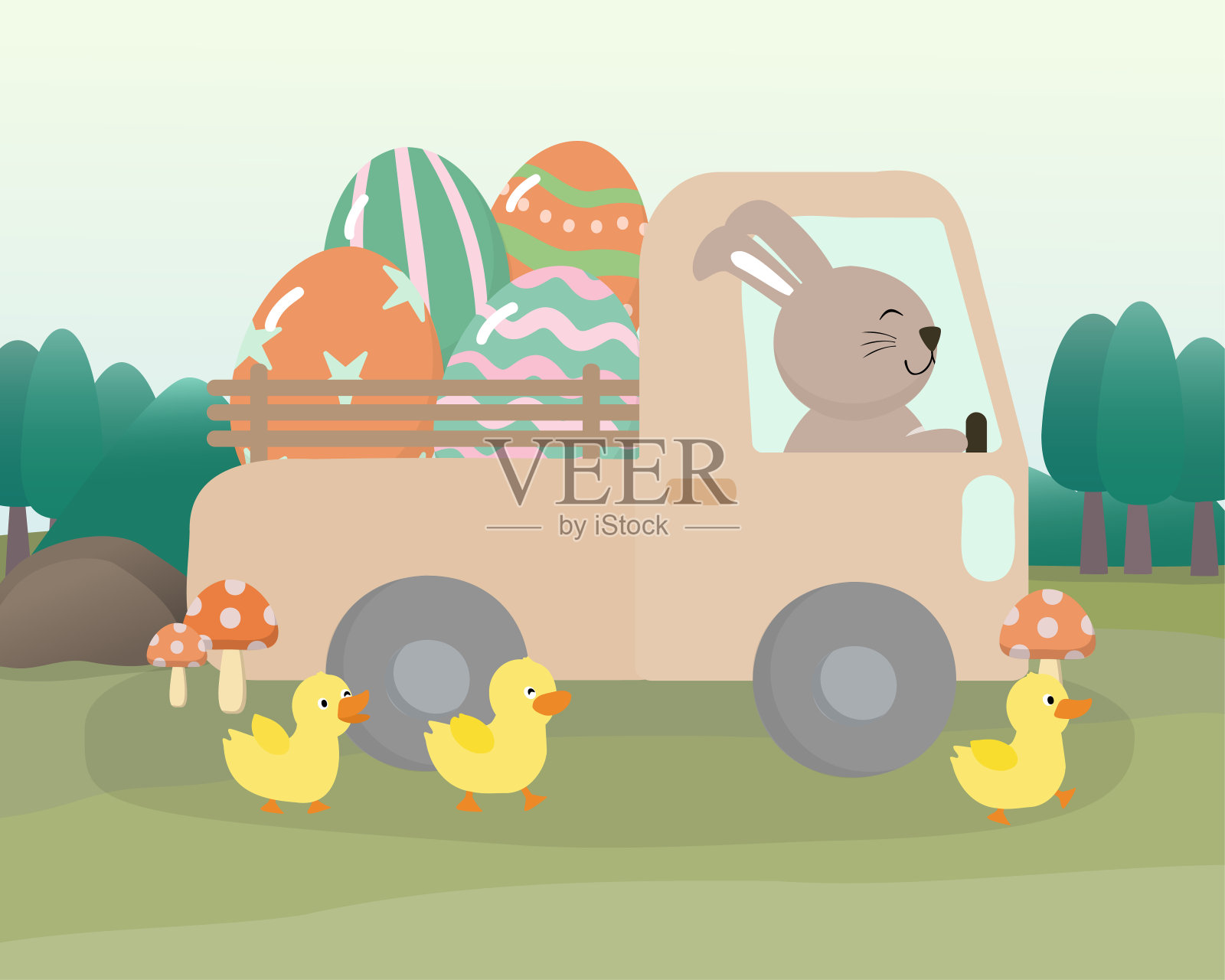 快乐的复活节祝福设计可爱的兔子和蛋插画图片素材