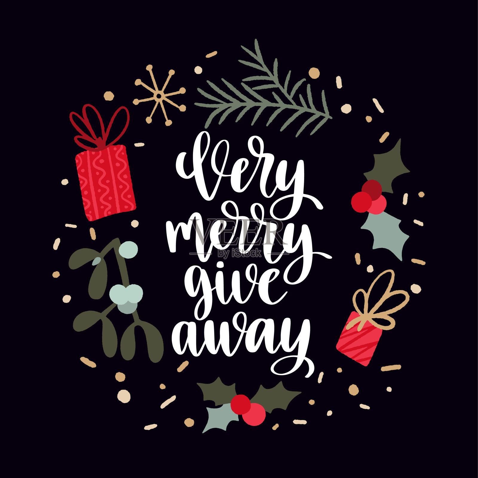 圣诞节赠送的。现代风格的字母和手绘冬季节日符号和装饰。插画图片素材