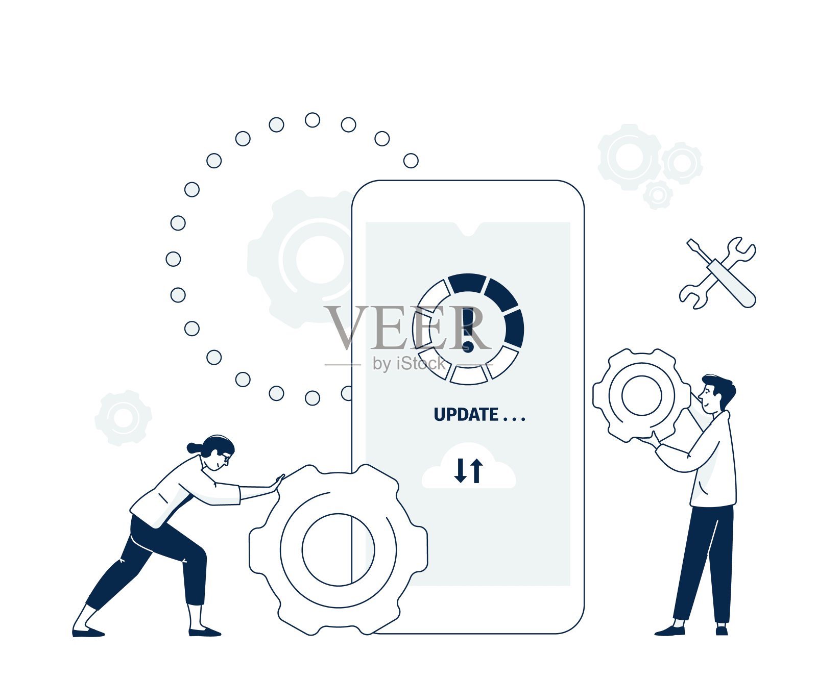 手机软件app升级。全球智能手机系统更新，数字技术开发者维护。安装应用程序最近的矢量概念插画图片素材