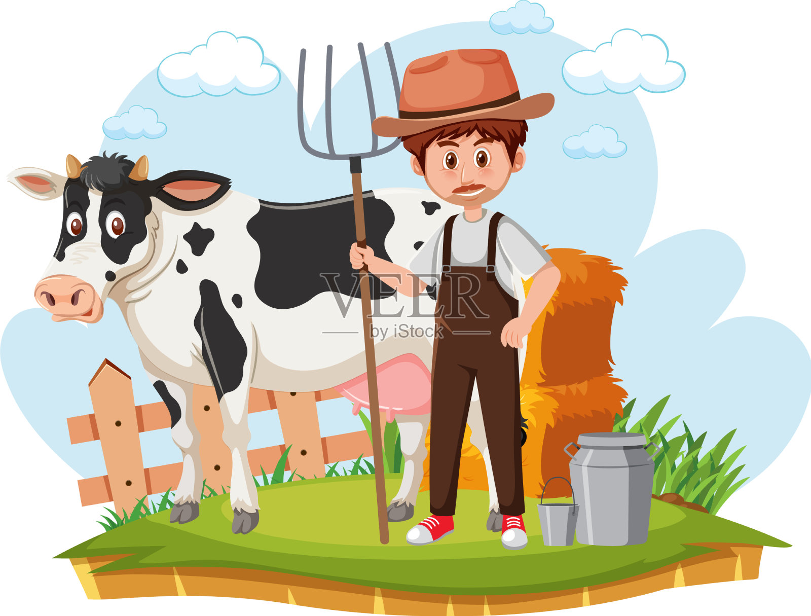 农民与奶牛和牛奶设计元素图片