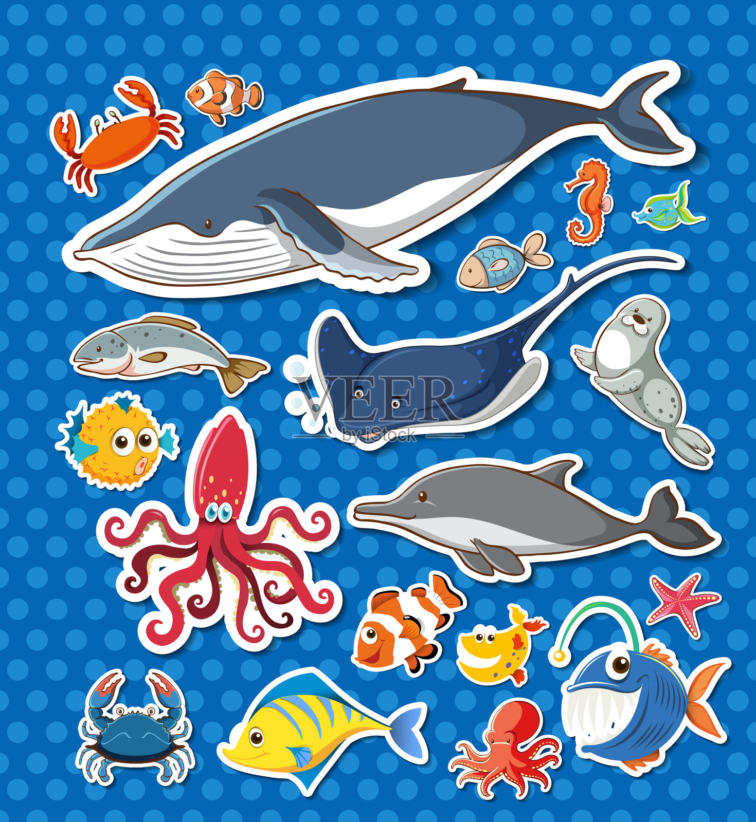 贴纸包装不同的海洋动物插画图片素材