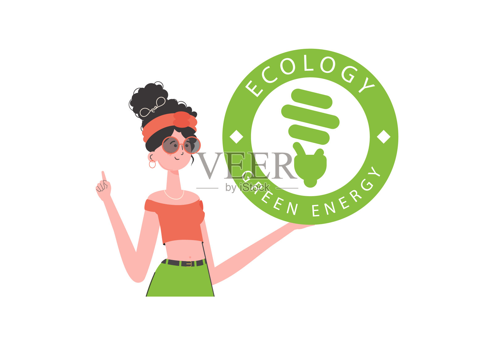 女孩手里拿着ECO的标志。这个人物被描绘到腰部。生态理念和绿色能源。孤立在白色背景。矢量插图的趋势。插画图片素材