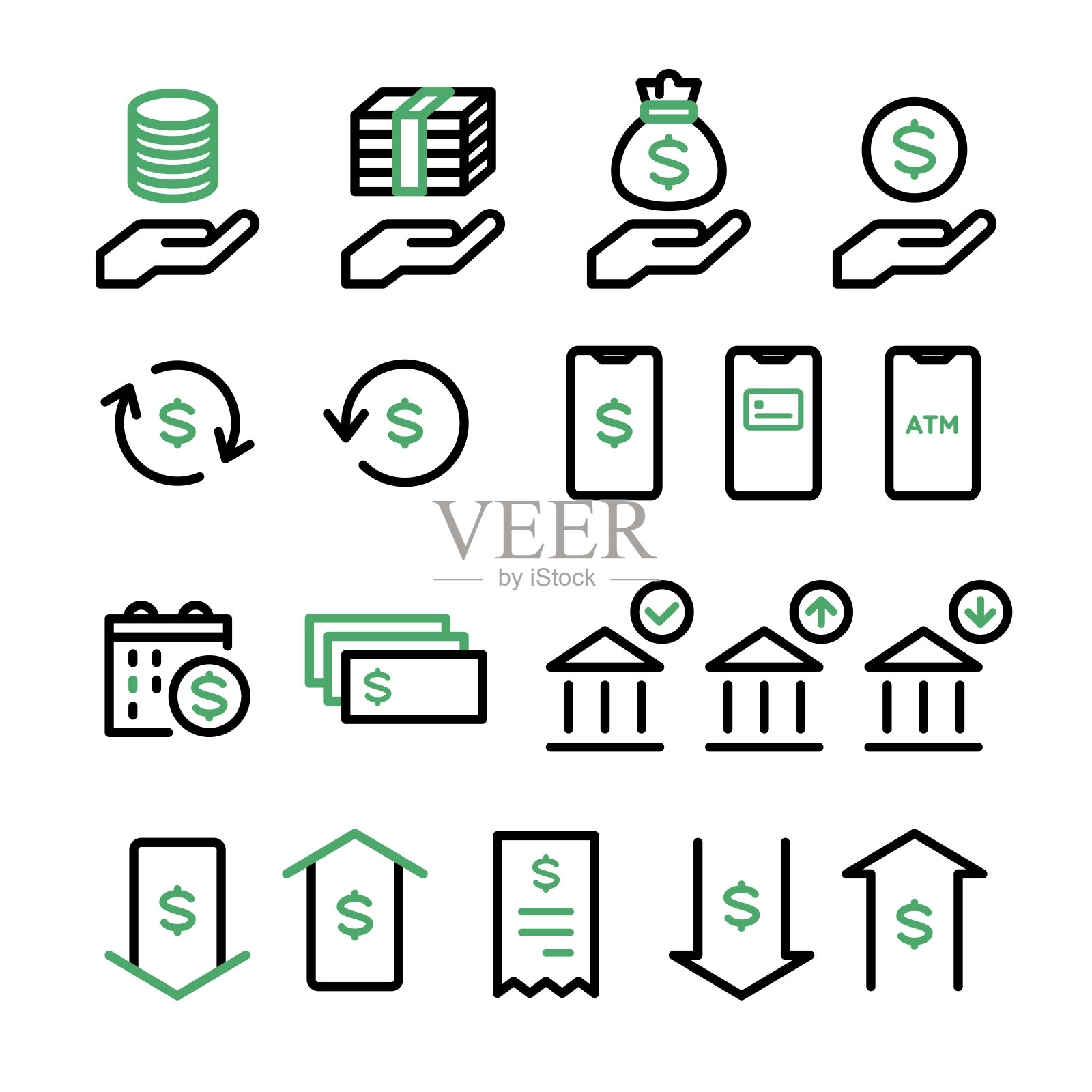 图标套装货币、钞票、硬币、支付、投资、会计、货币、电子货币、家居、金融插画图片素材