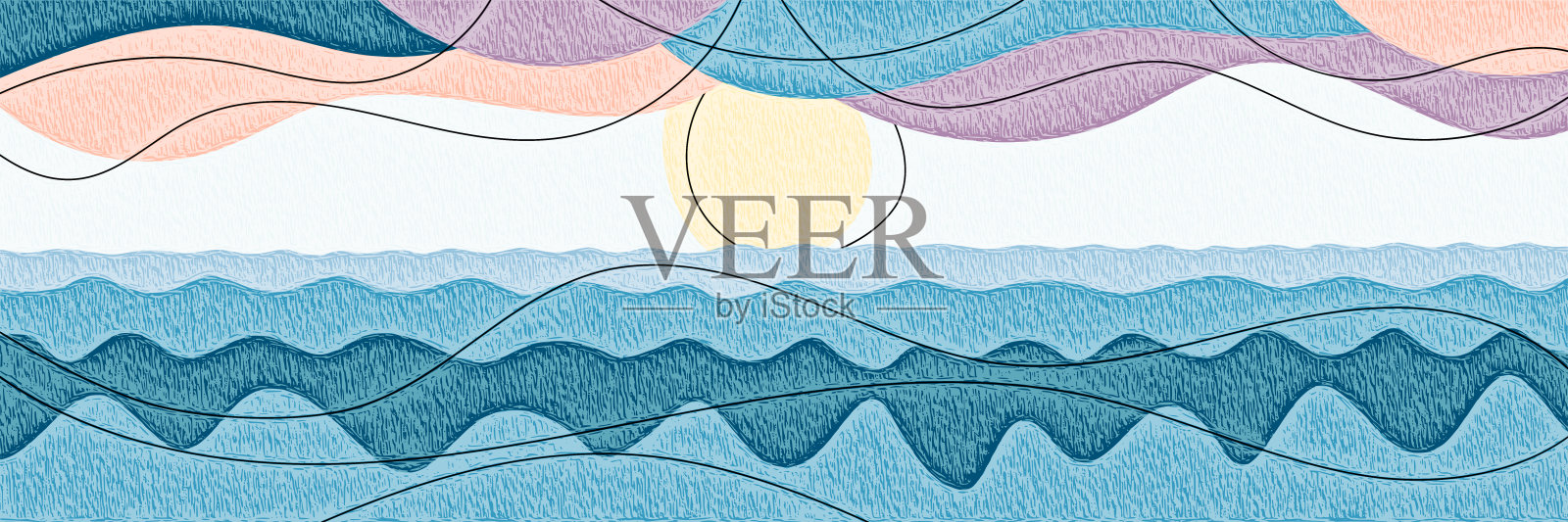 抽象景观风格化，海浪在海面，太阳和云彩，旗帜插画图片素材