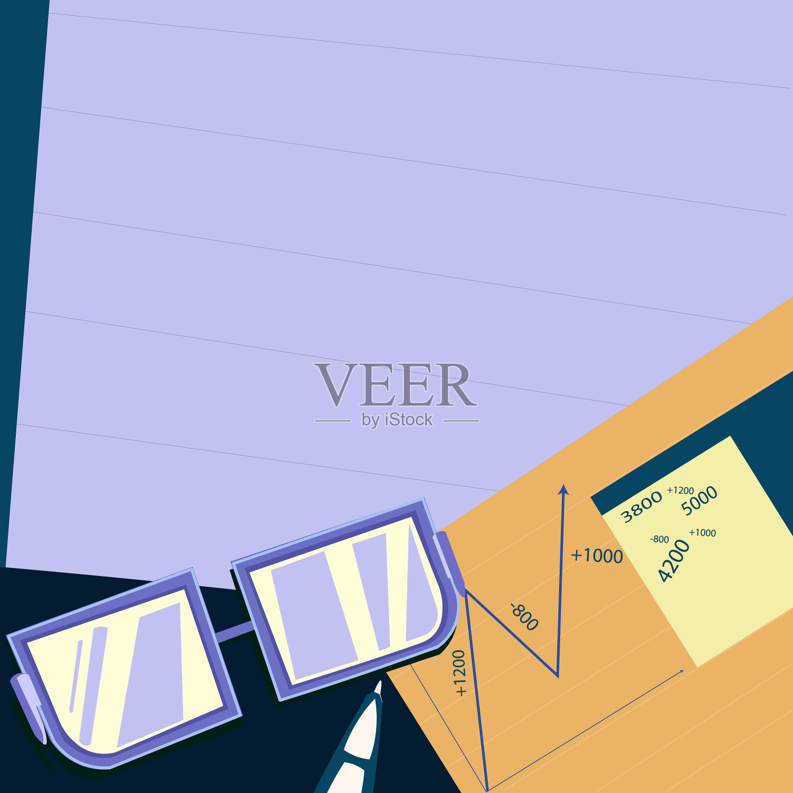 玻璃杯放在桌子上，周围是文件插画图片素材