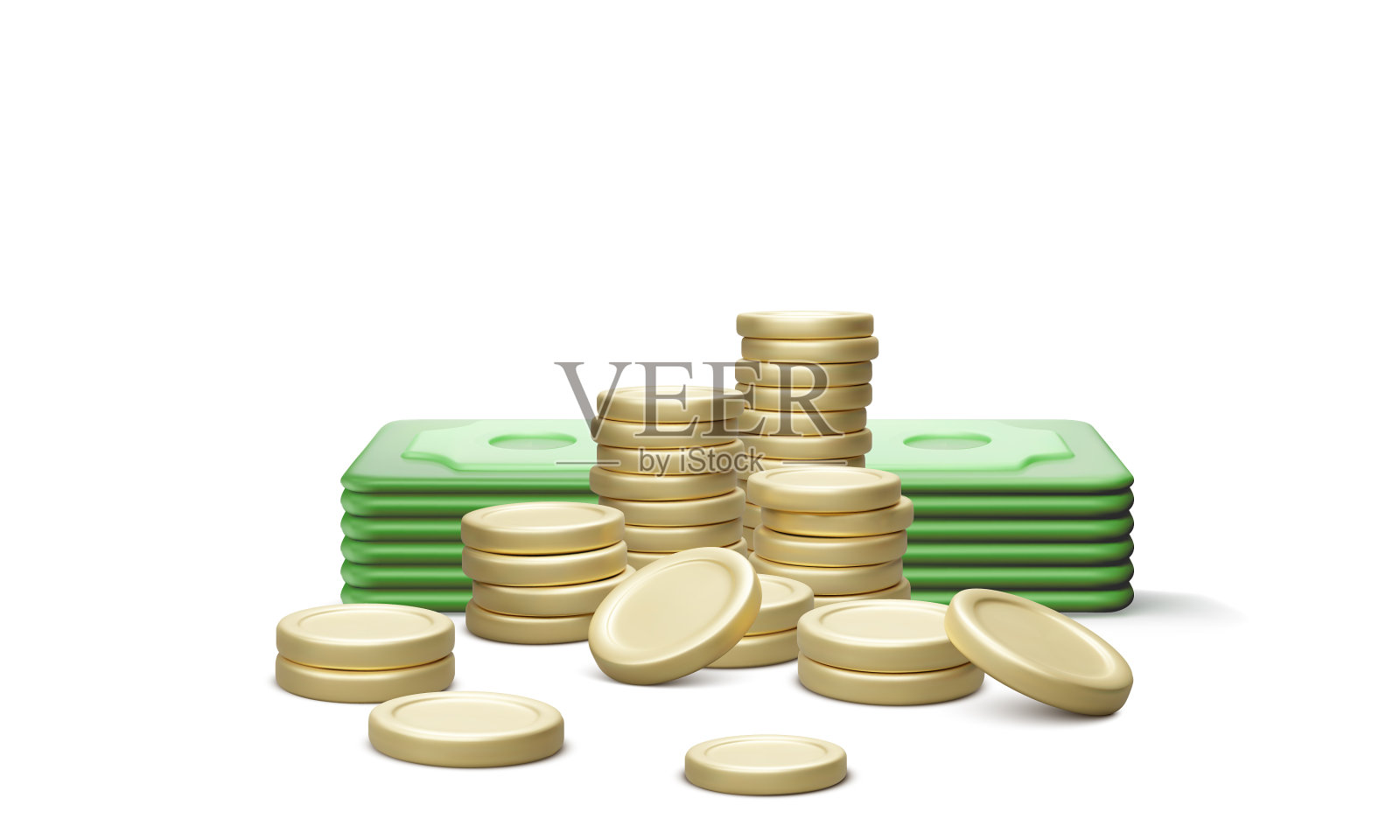 堆叠硬币和纸币3d渲染设计元素图片