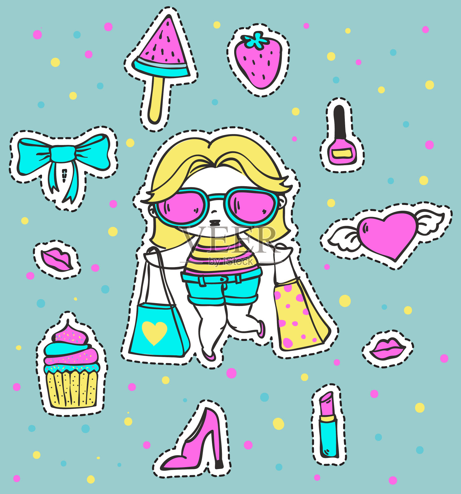 卡片与可爱的时尚女孩包裹和手插画图片素材