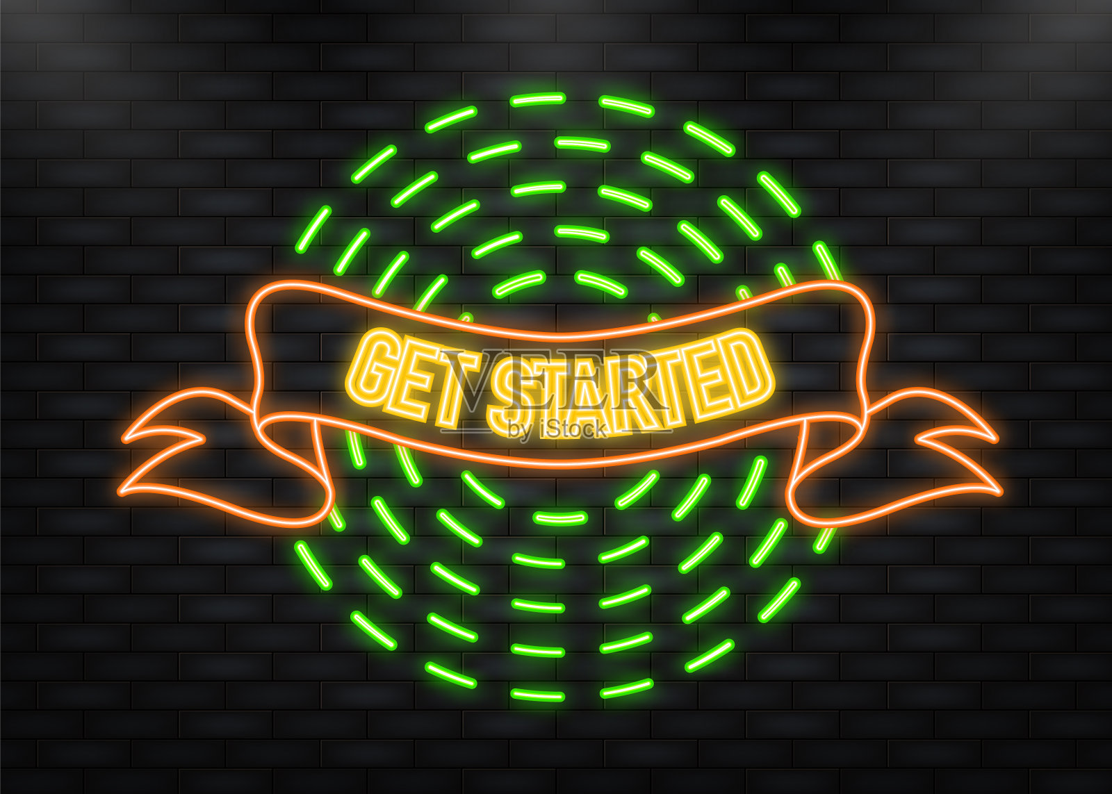 霓虹灯图标复古横幅与开始彩带插画图片素材