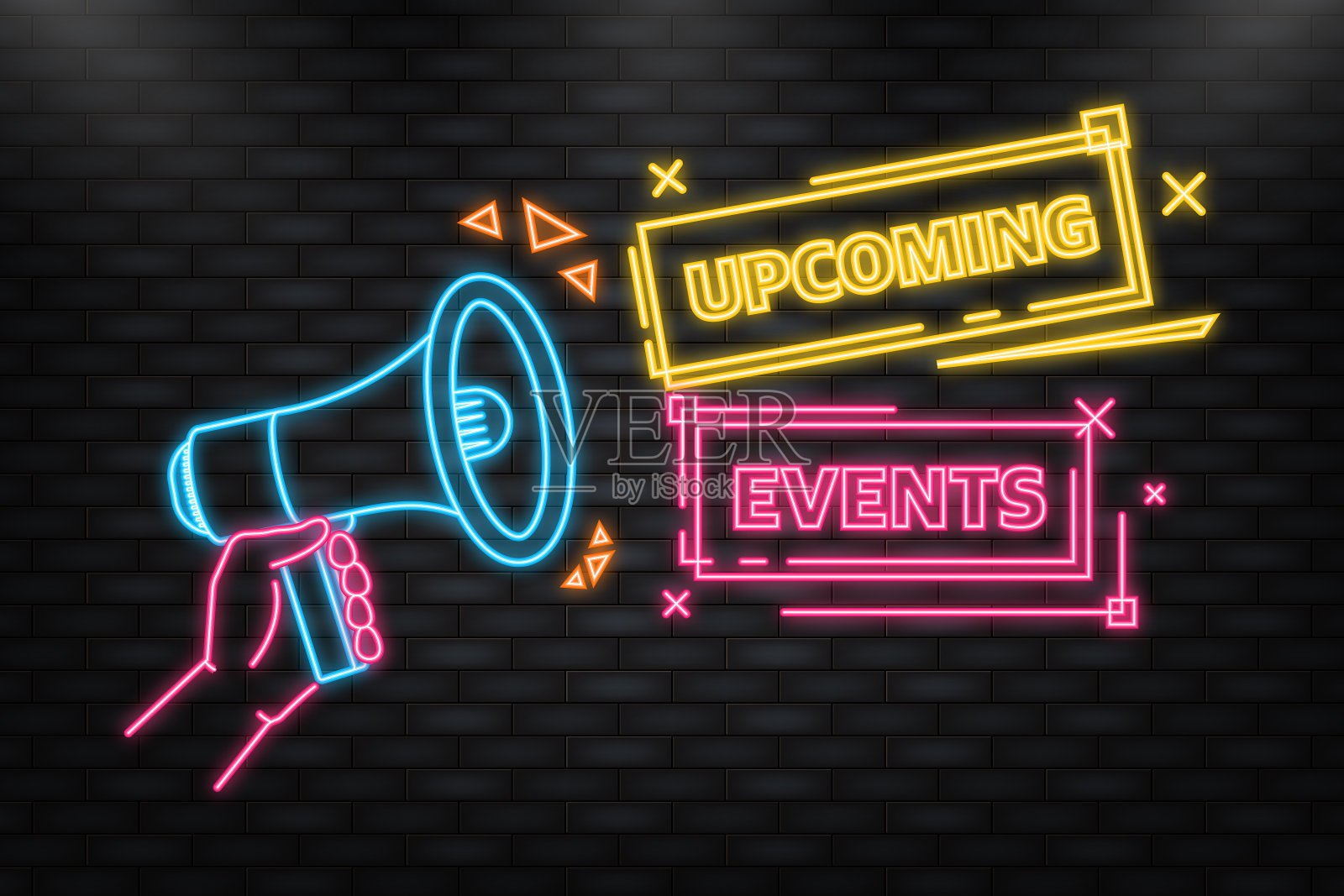 霓虹灯图标扩音器与即将举行的活动海报插画图片素材