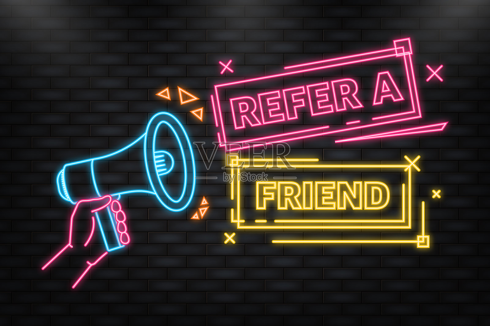 霓虹灯图标扩音器与参考朋友海报插画图片素材
