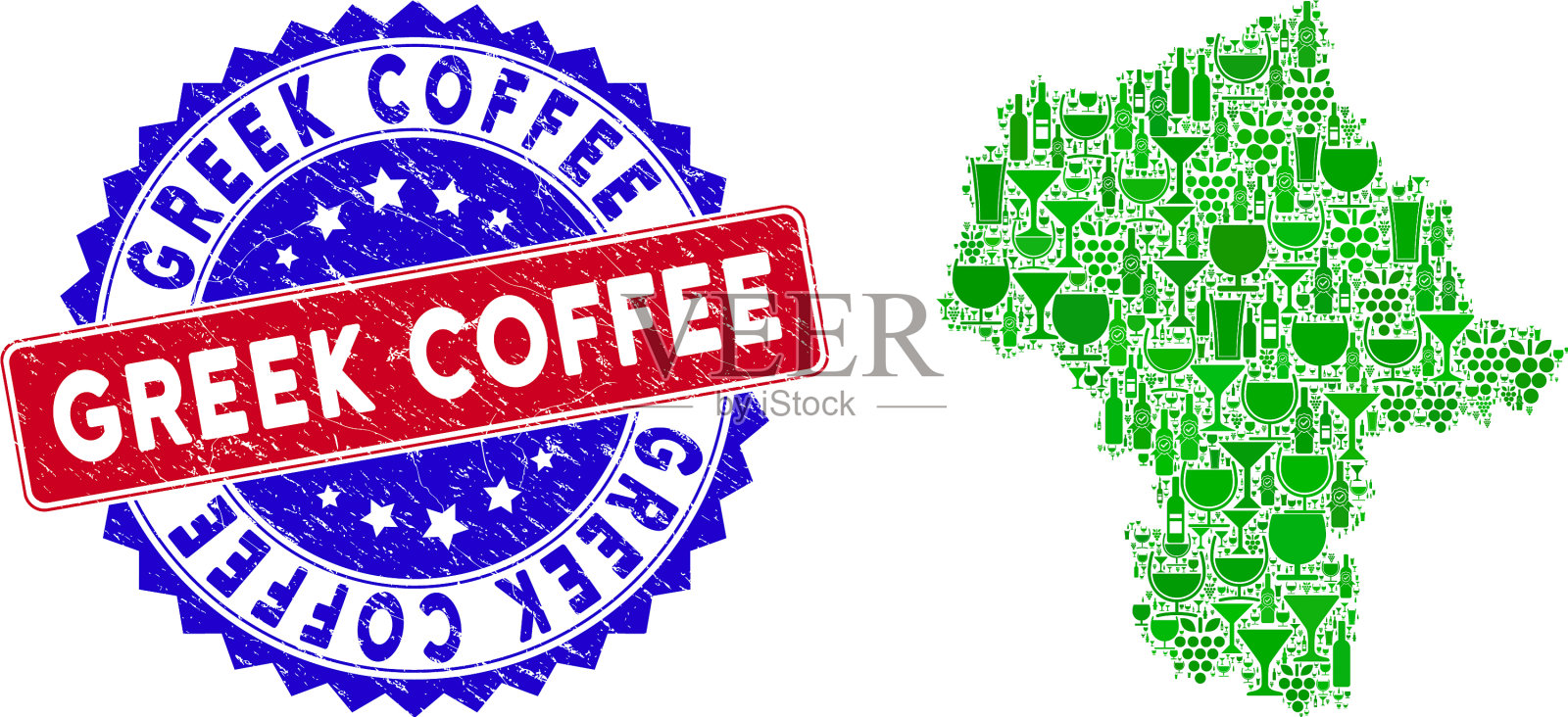 双色希腊咖啡苦恼印章和酒插画图片素材