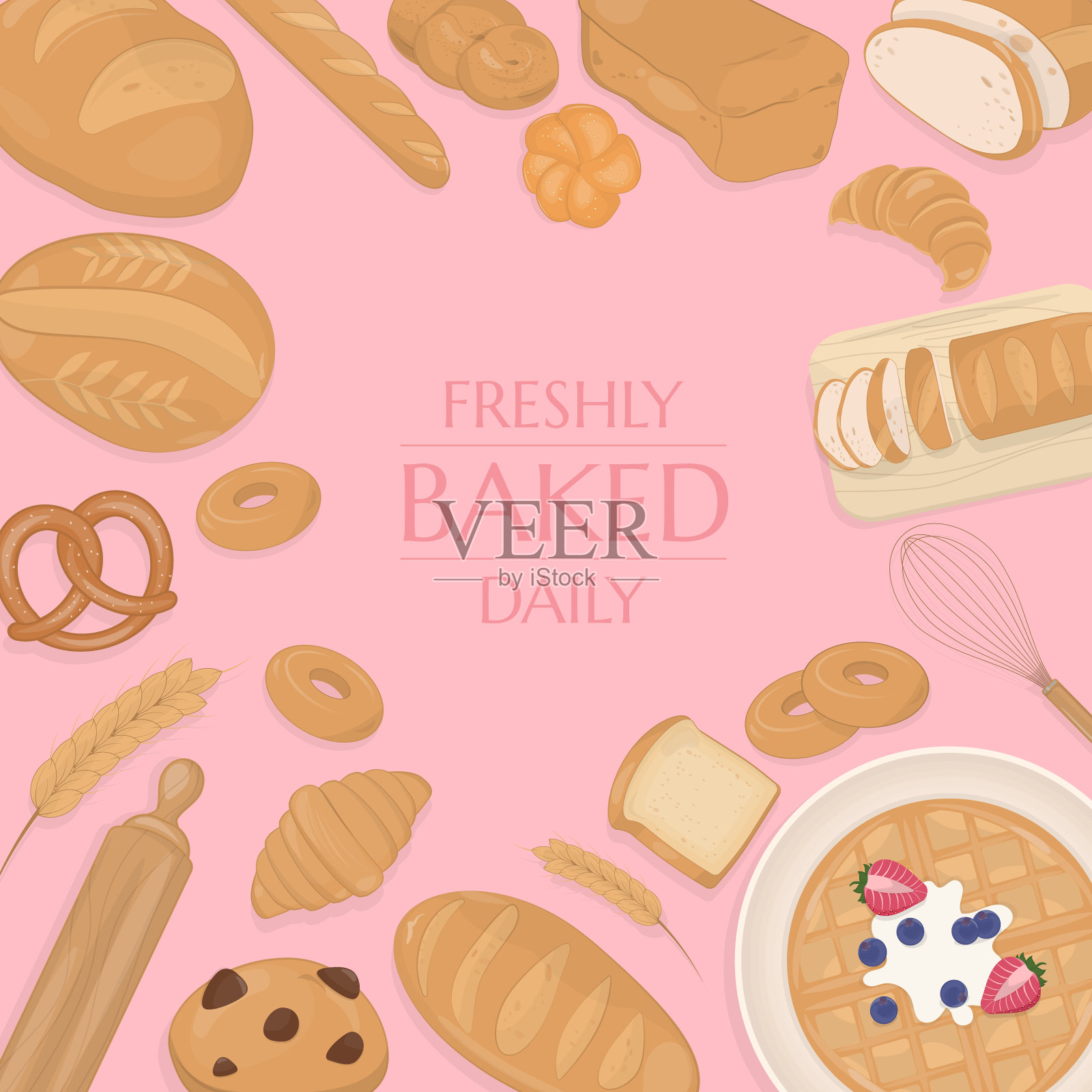 有烘焙背景的面包和糕点插画图片素材