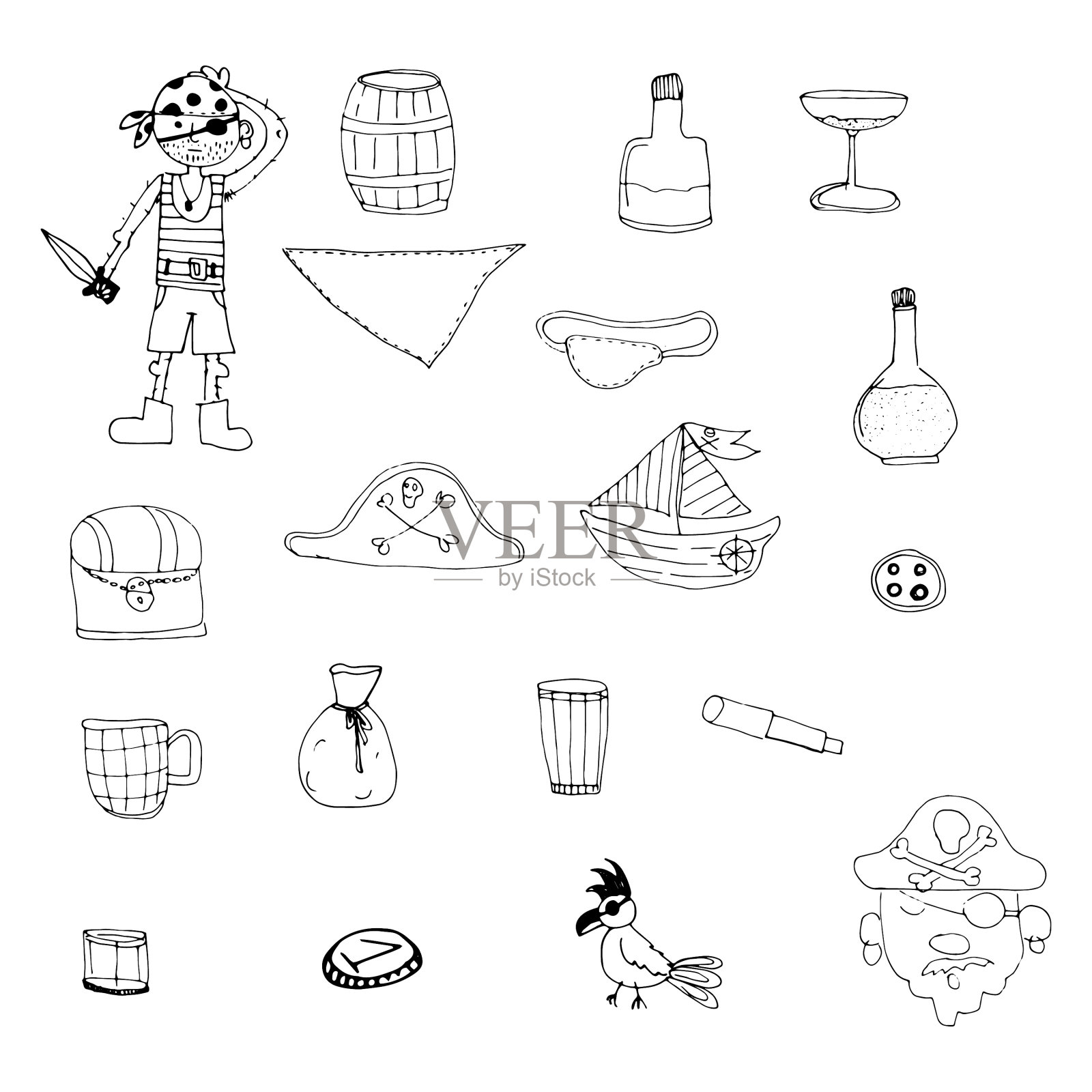 一套手绘的海上海盗涂鸦图标素材