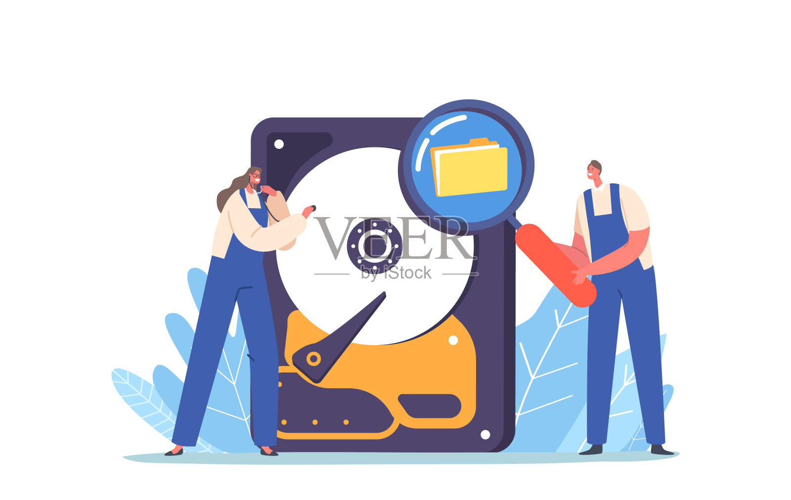 数据恢复服务，备份，信息保护，硬件修复概念。微型工人在统一恢复文件插画图片素材